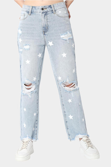Light Blue Star Print Distressed Straight Jeans