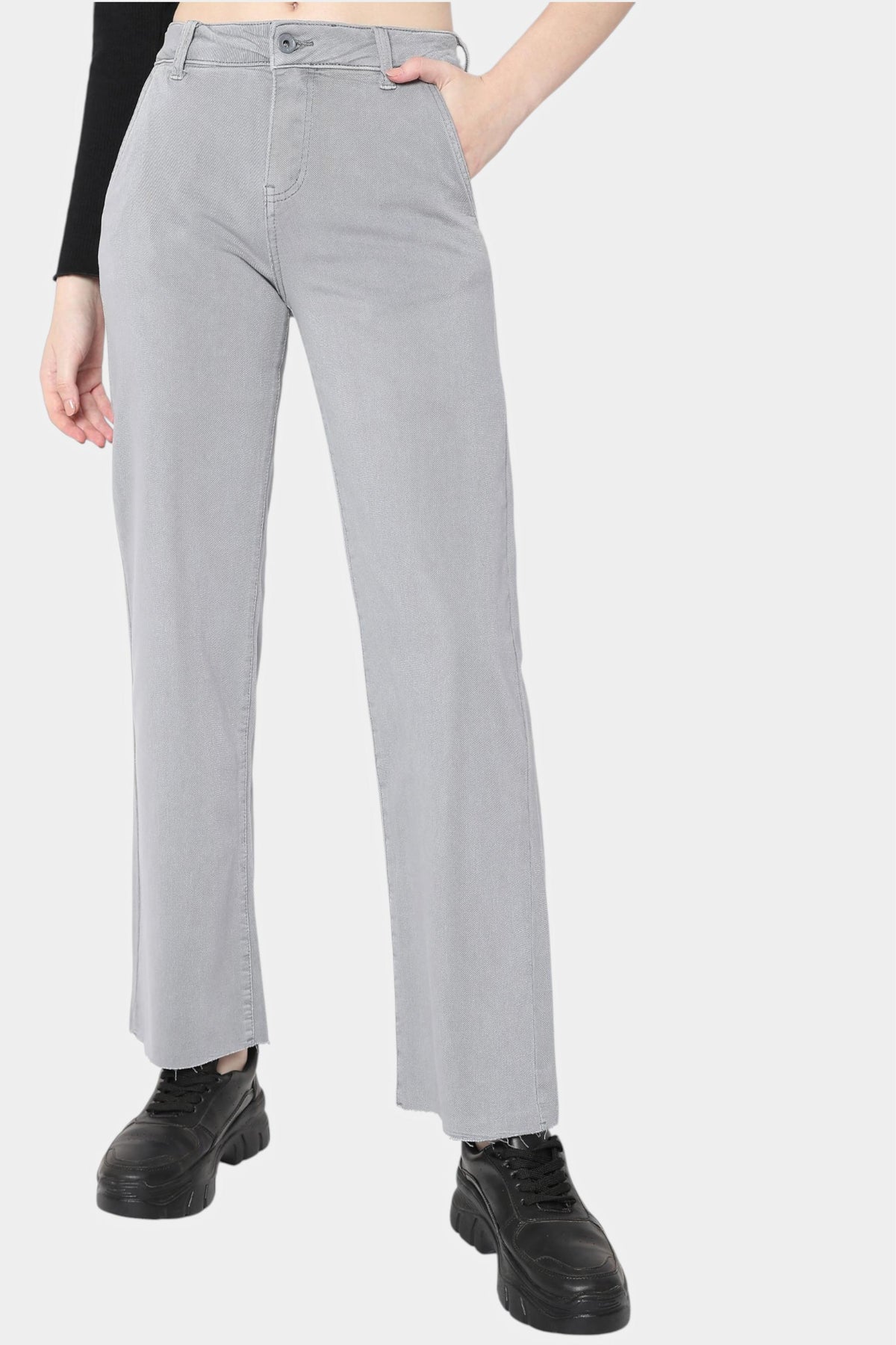 Straight Wide Leg Chino Pants with Frayed Hem
