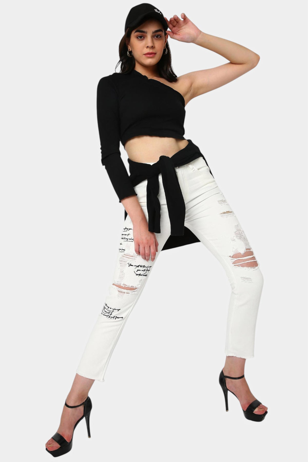 White Script Print Distressed Skinny Jeans
