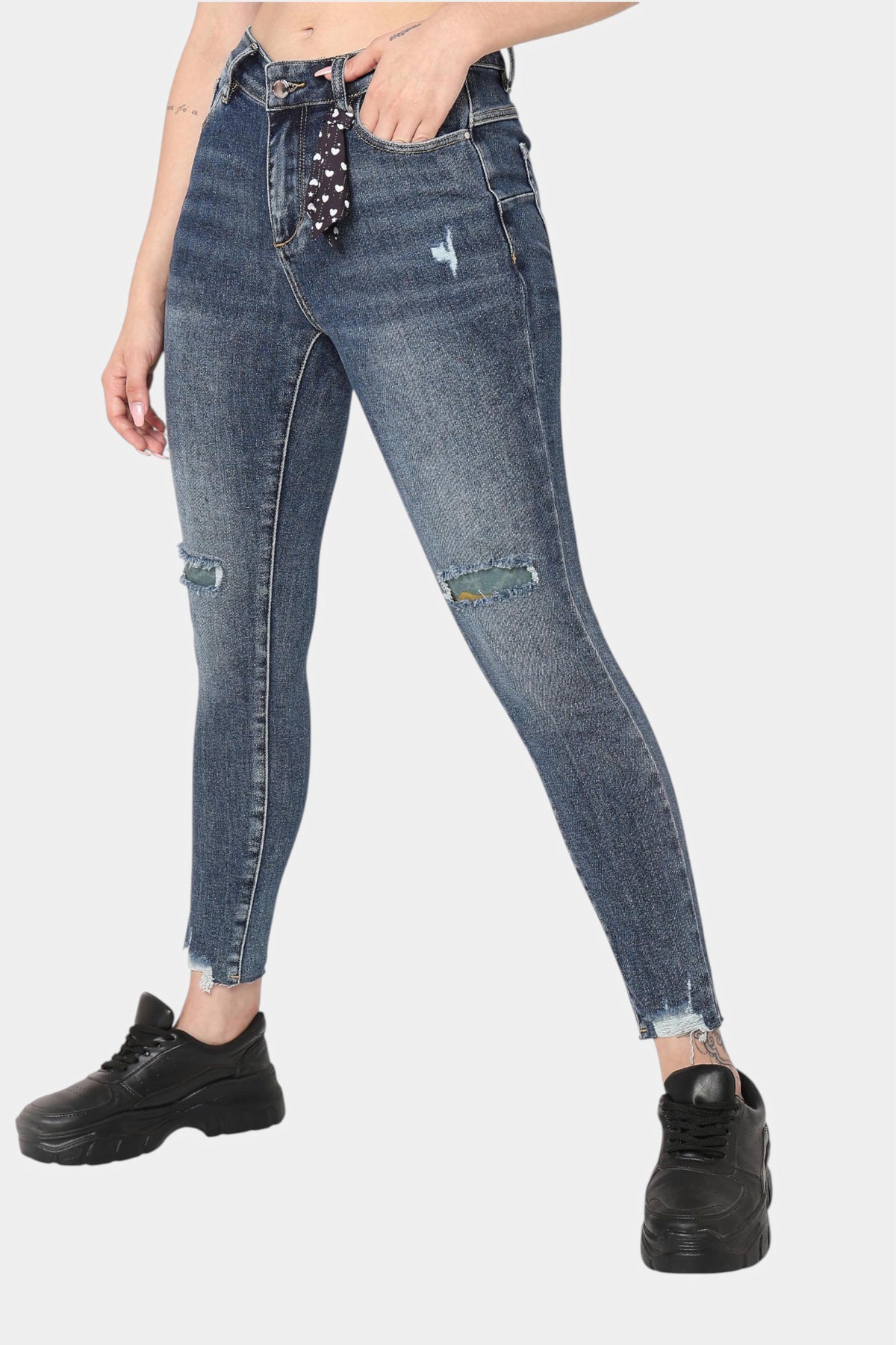 Mid Blue Distressed Skinny Jeans with Frayed Hem