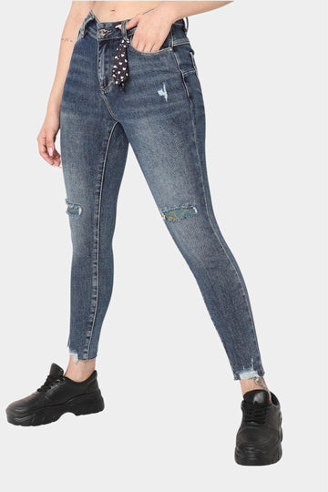 Mid Blue Distressed Skinny Jeans with Frayed Hem