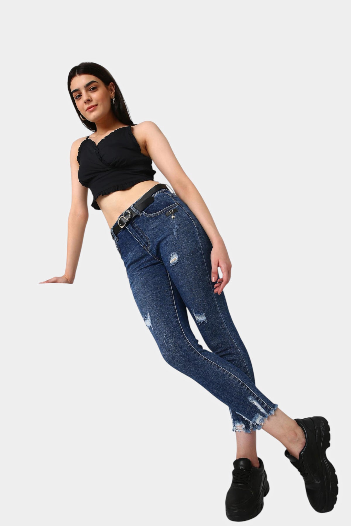 Blue Distressed Skinny Jeans with Frayed Hem