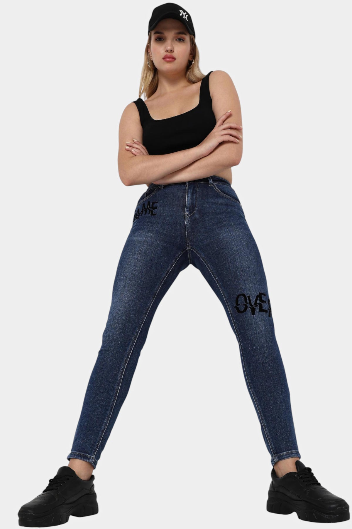 Dark Blue Slogan Print Skinny Jeans