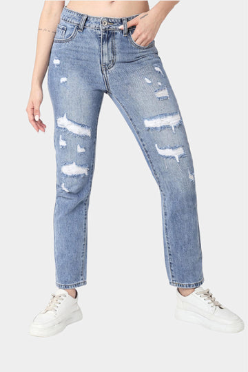 Light Blue Distressed Straight Fit Jeans