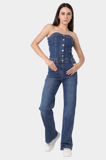 Dark Blue Denim Tube Jumpsuit
