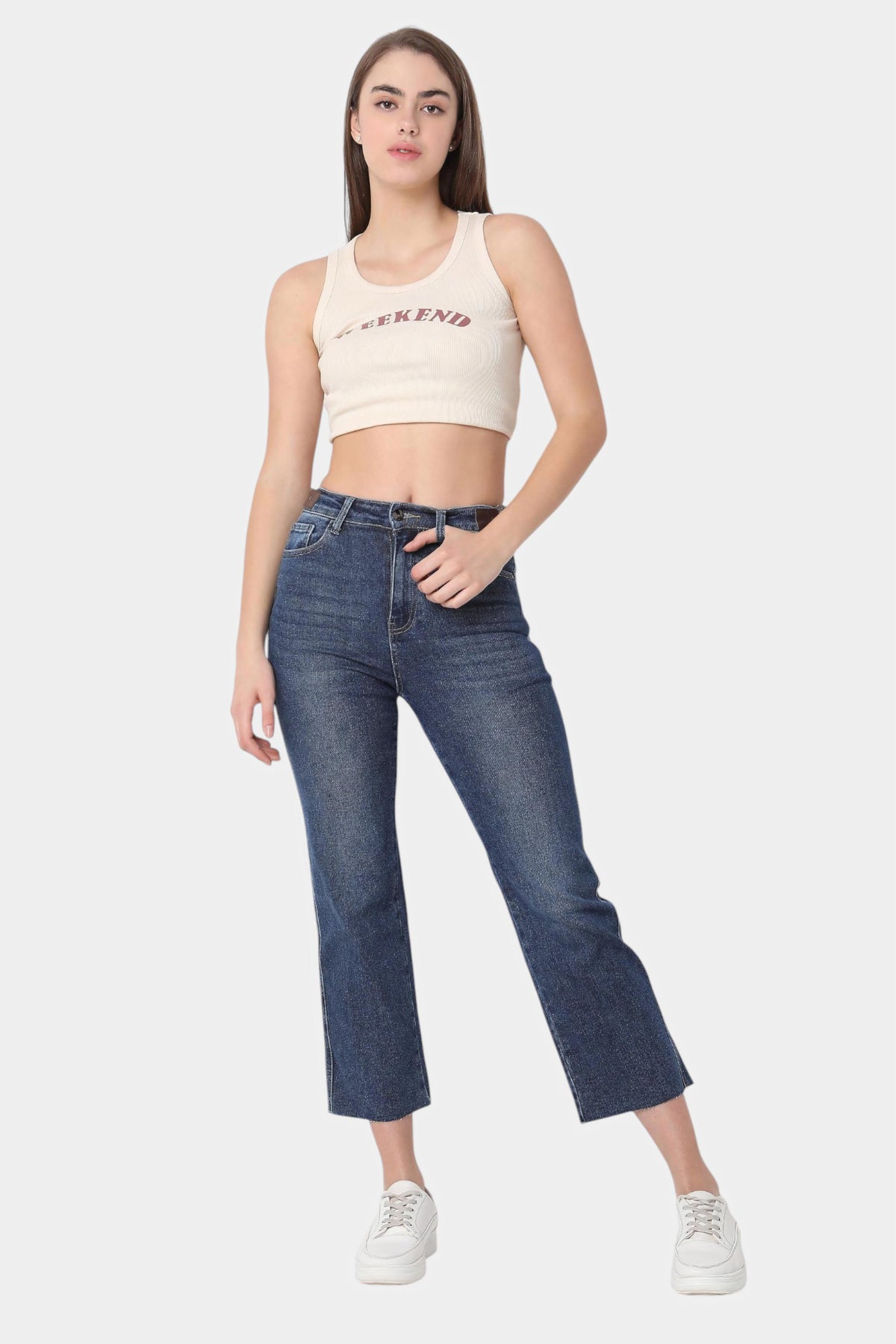 Dark Blue High Rise Straight Cropped Jeans