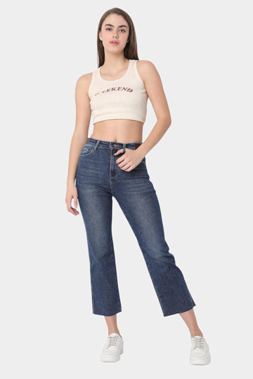 Dark Blue High Rise Straight Cropped Jeans