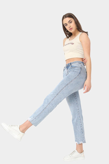 Light Blue High Rise Straight Jeans with Frayed Hem