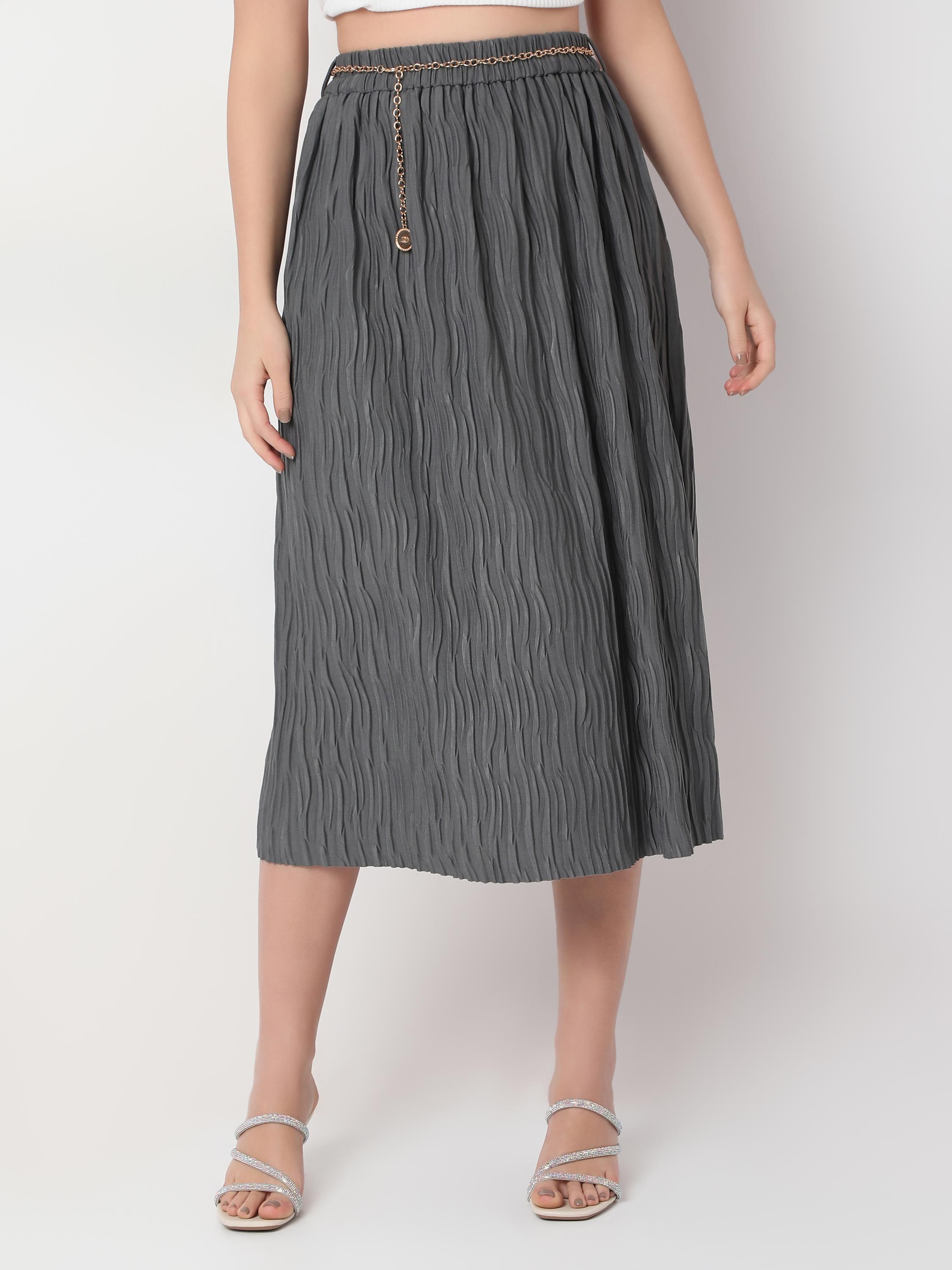 Elasticated Waist Wave-Texture Midi Skirt