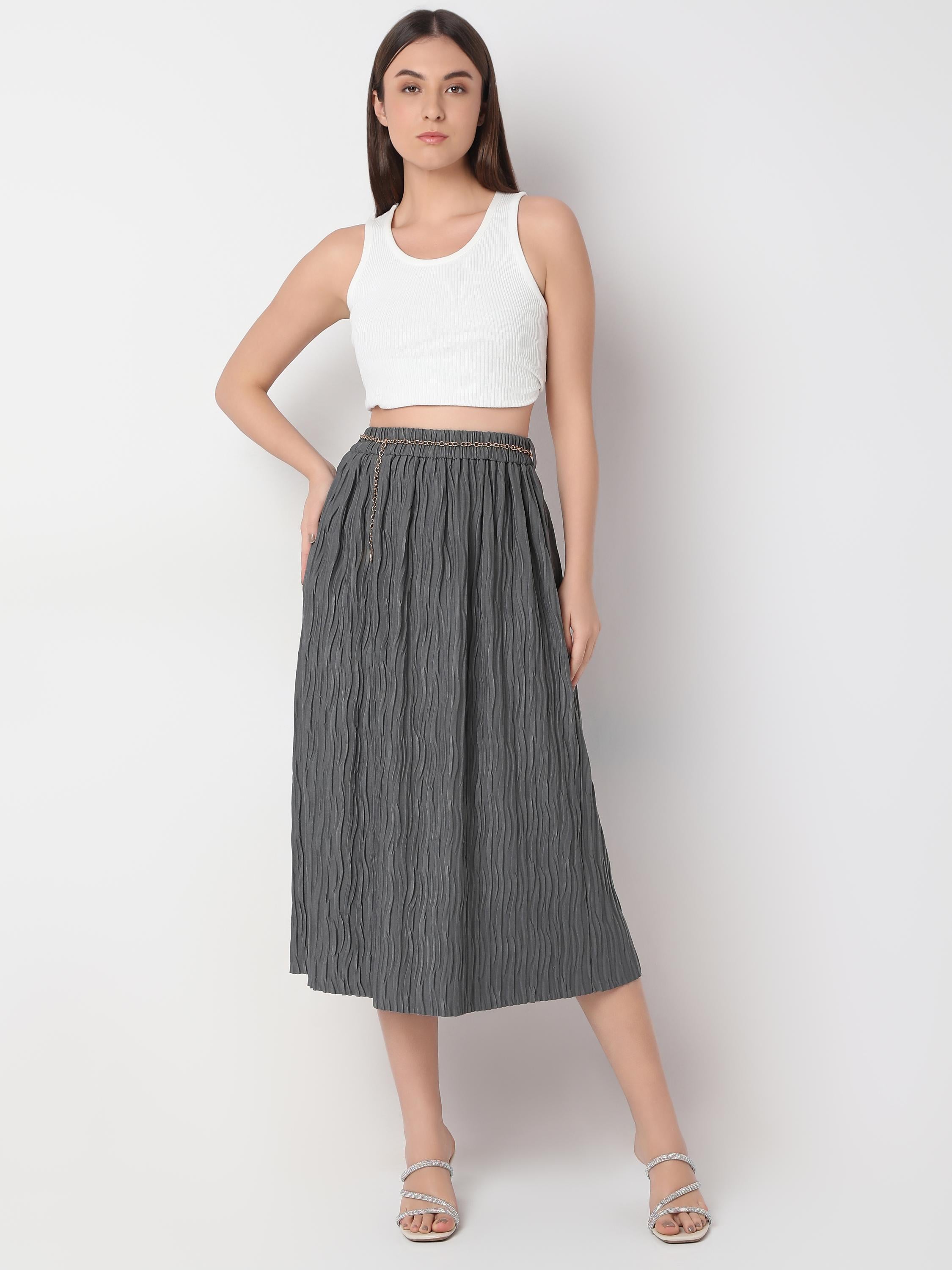 Elasticated Waist Wave-Texture Midi Skirt