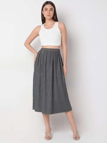 Elasticated Waist Wave-Texture Midi Skirt
