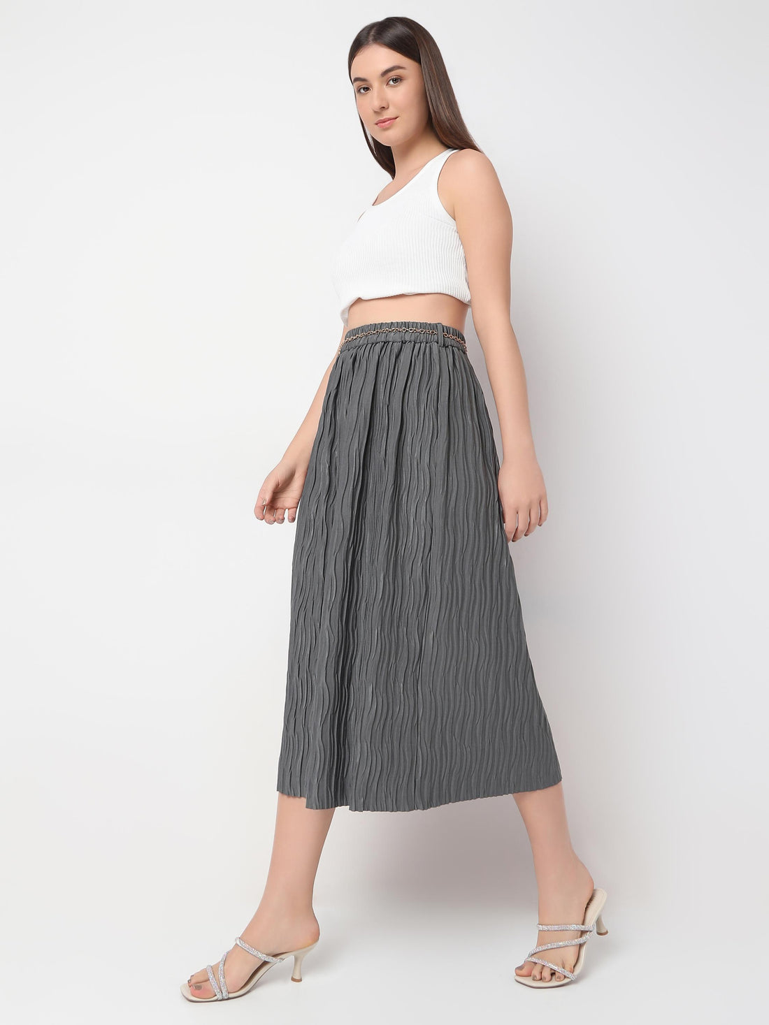 Elasticated Waist Wave-Texture Midi Skirt