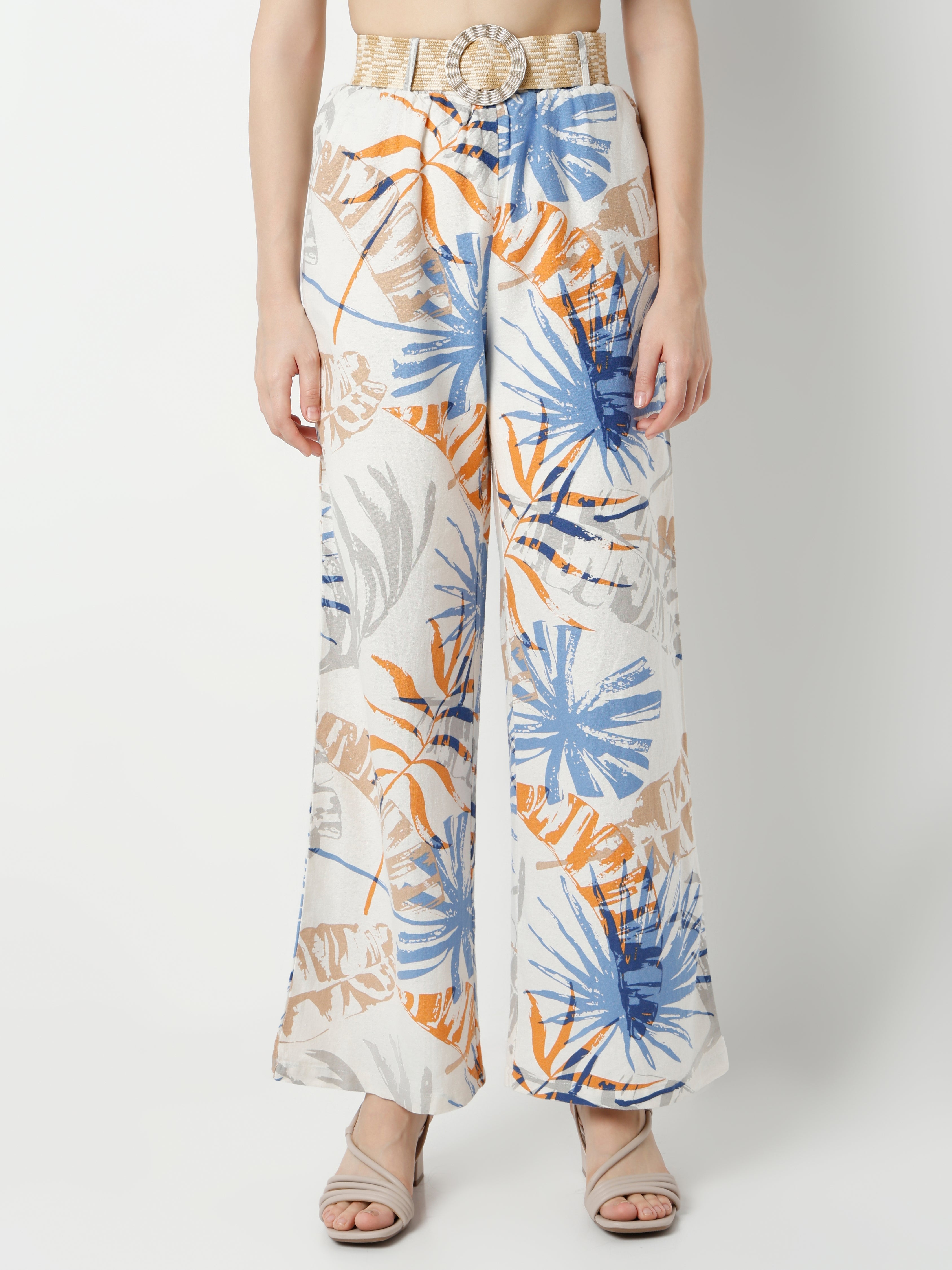 Women's High-Waisted Wide-Leg Tropical Print Pants