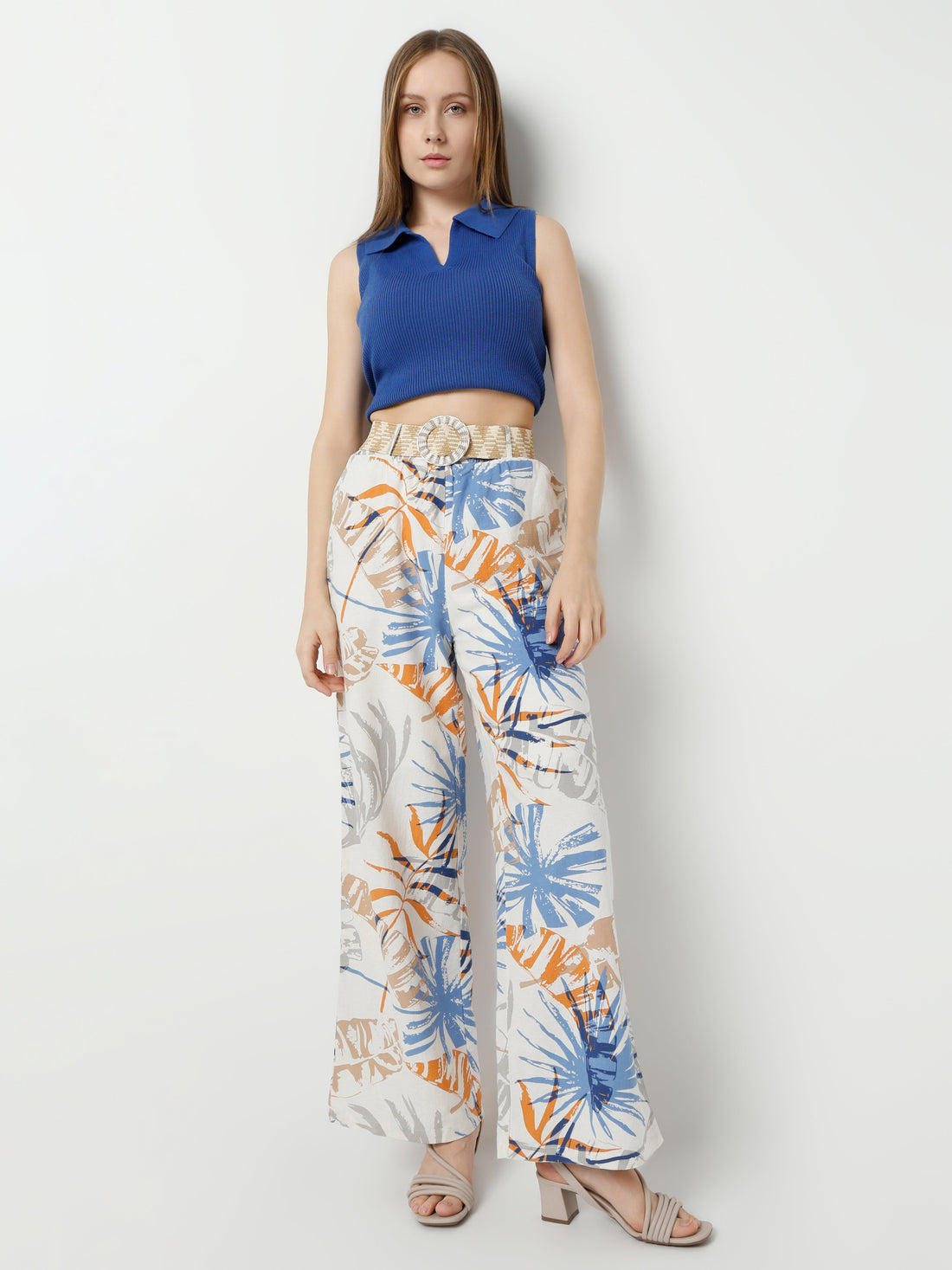 Women's High-Waisted Wide-Leg Tropical Print Pants