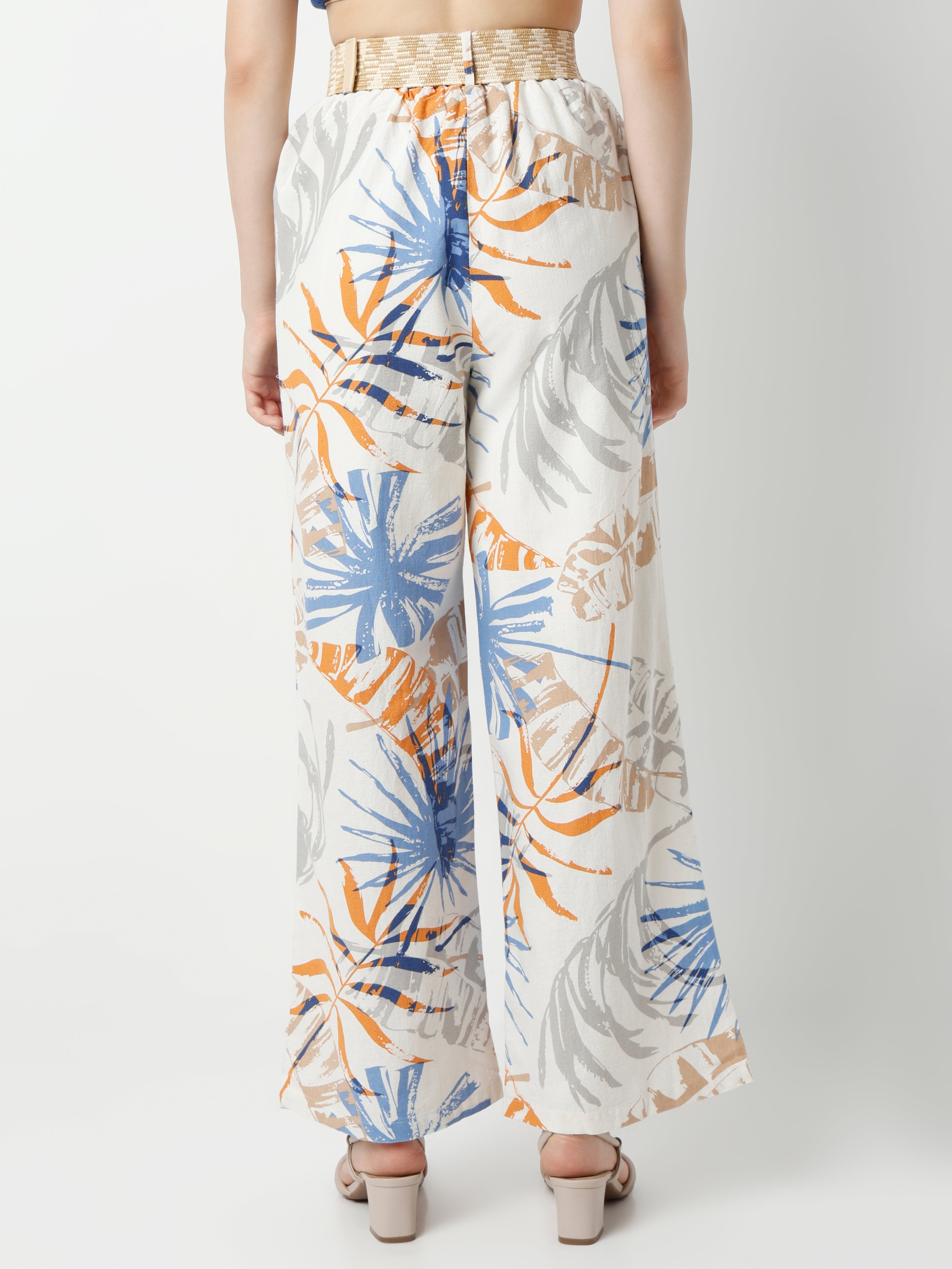 Women's High-Waisted Wide-Leg Tropical Print Pants