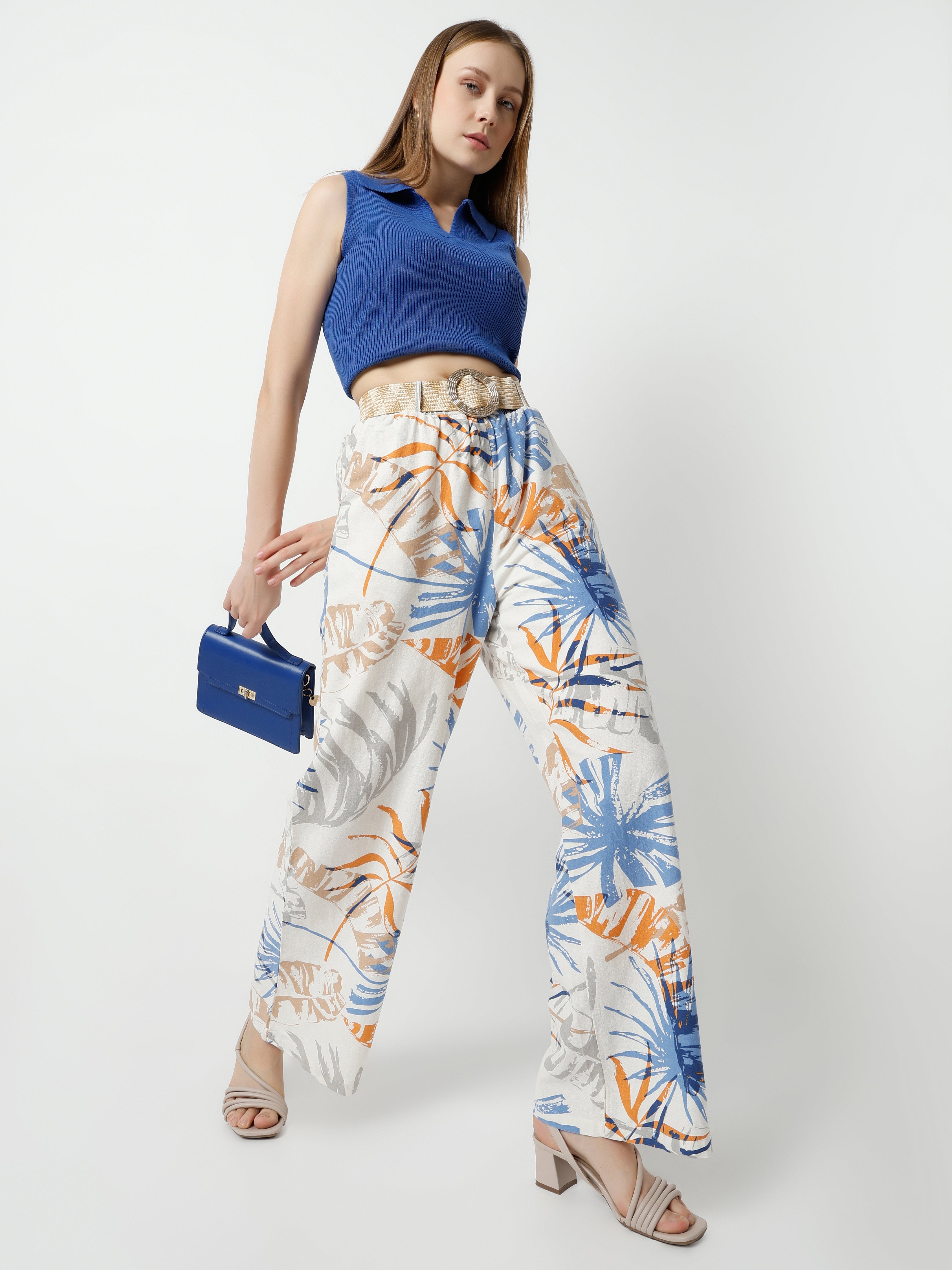 Women's High-Waisted Wide-Leg Tropical Print Pants