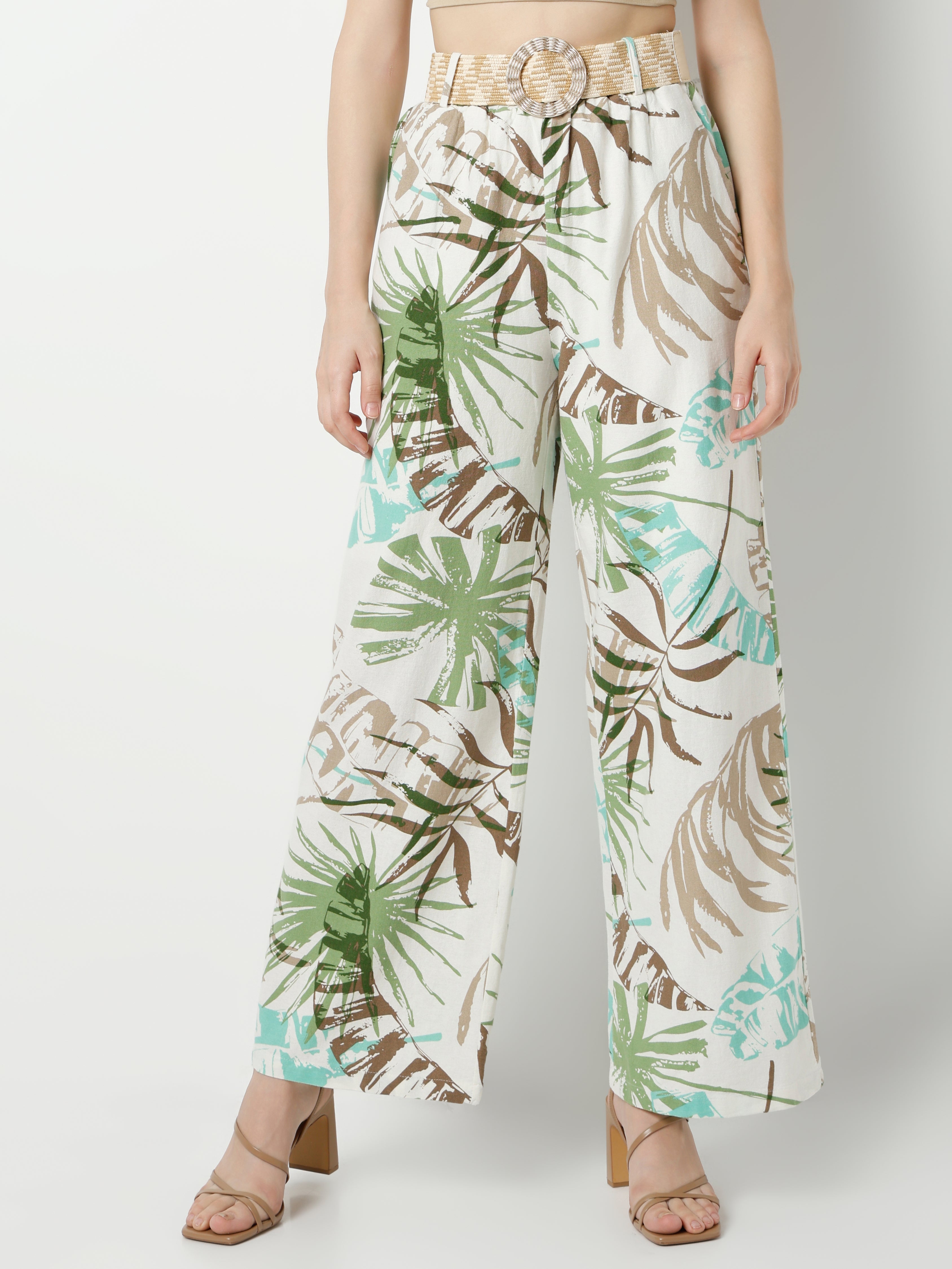 Women's High-Waisted Wide-Leg Tropical Print Pants
