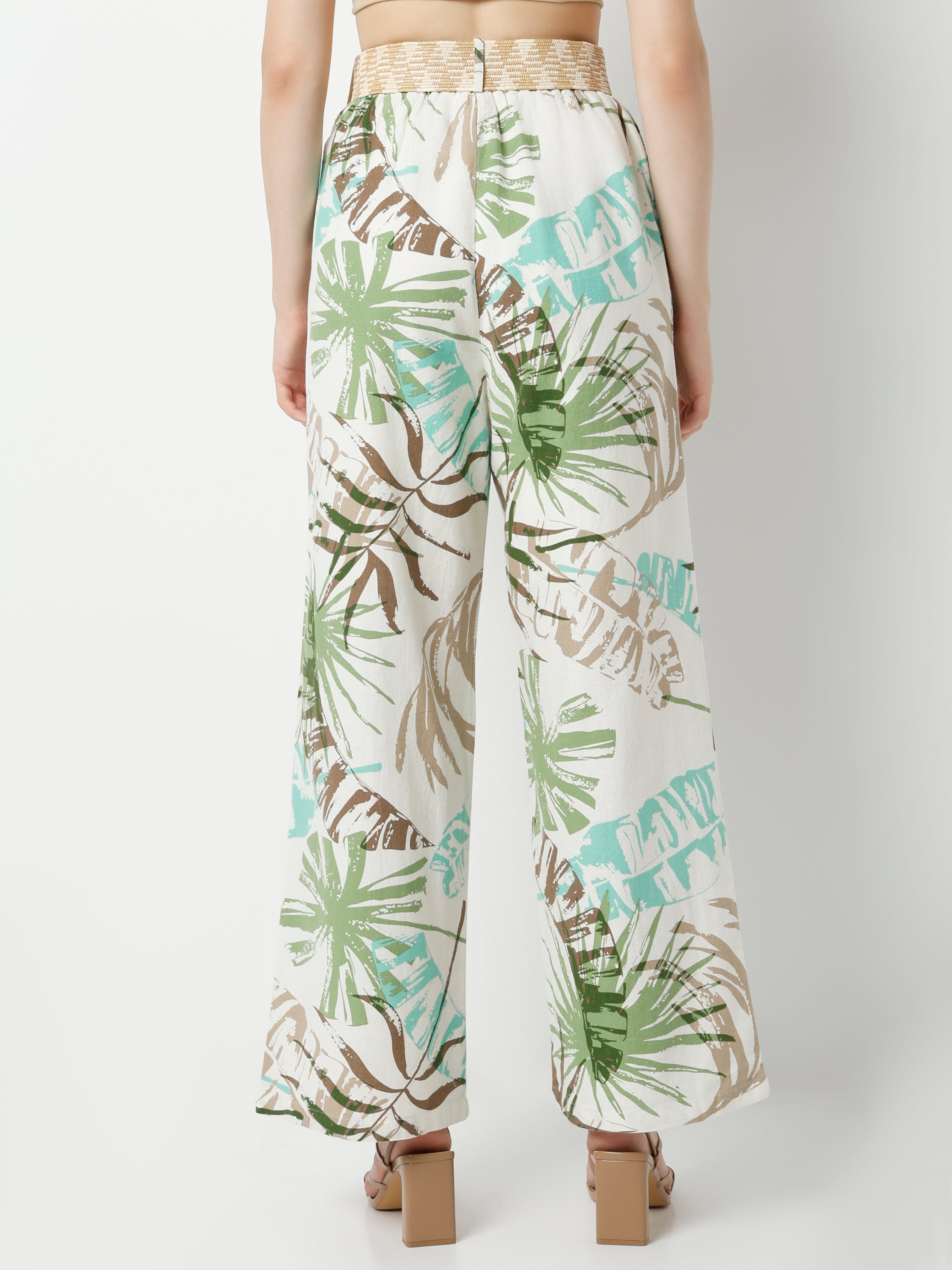 Women's High-Waisted Wide-Leg Tropical Print Pants