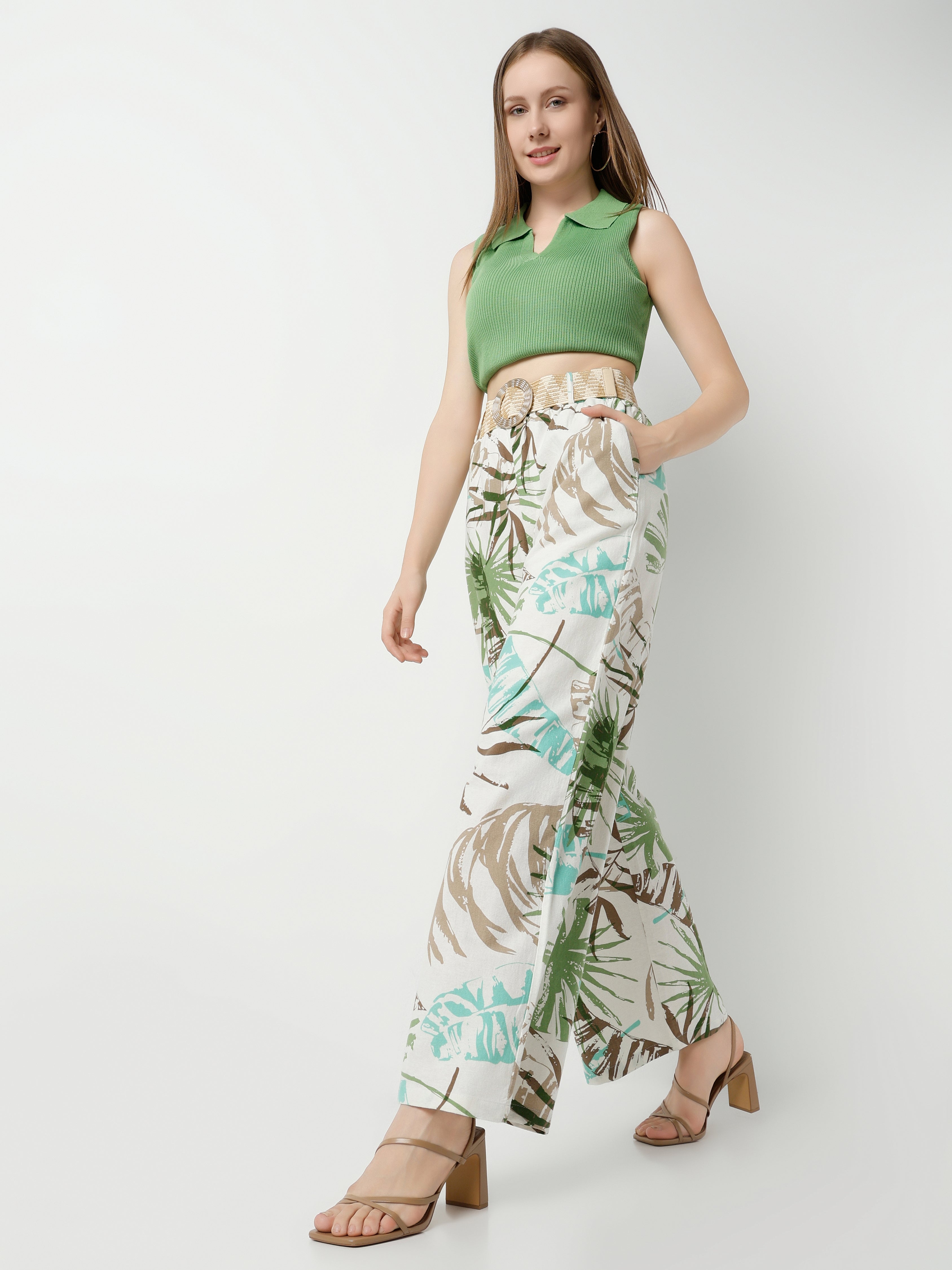 Women's High-Waisted Wide-Leg Tropical Print Pants
