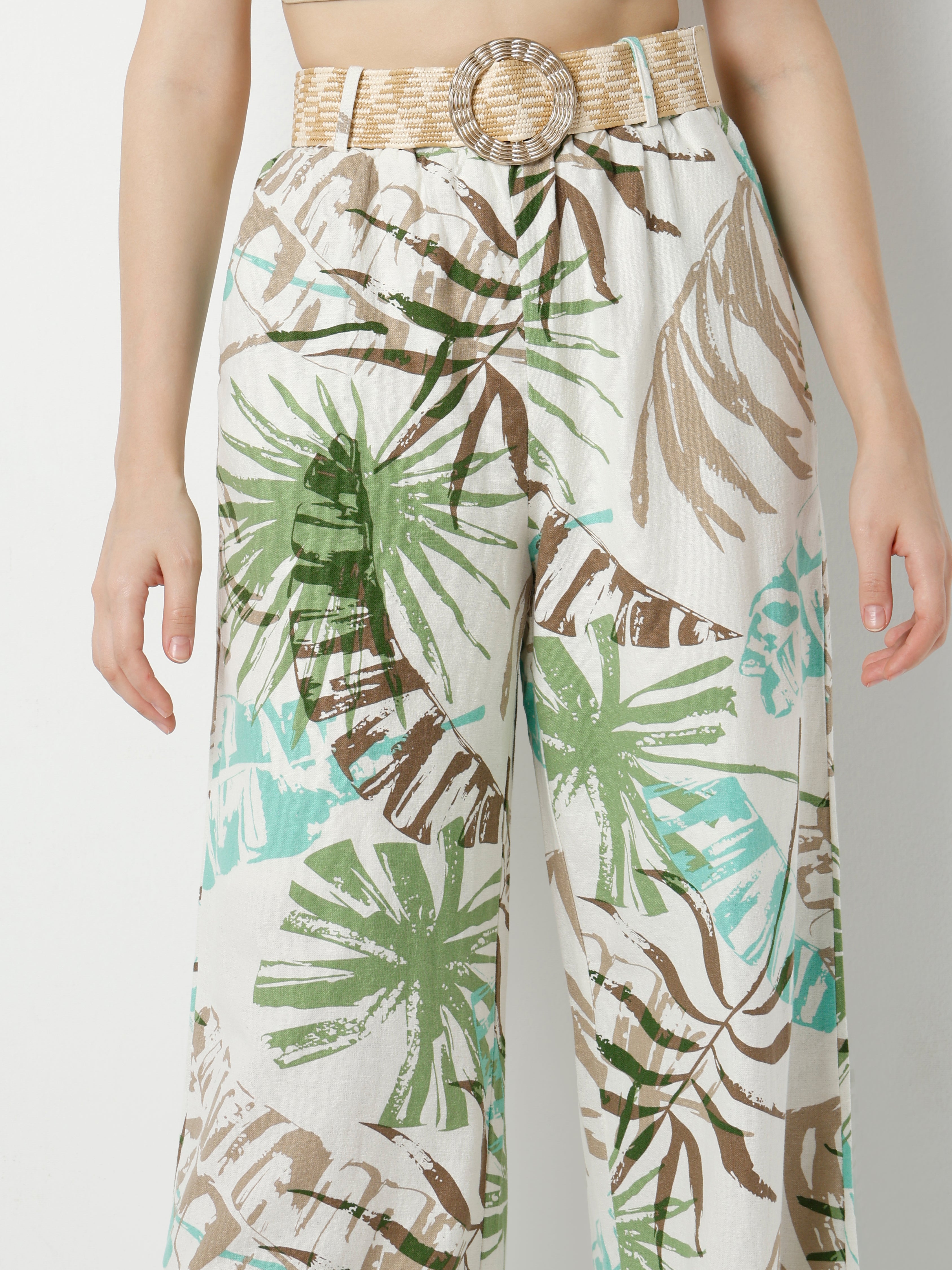 Women's High-Waisted Wide-Leg Tropical Print Pants