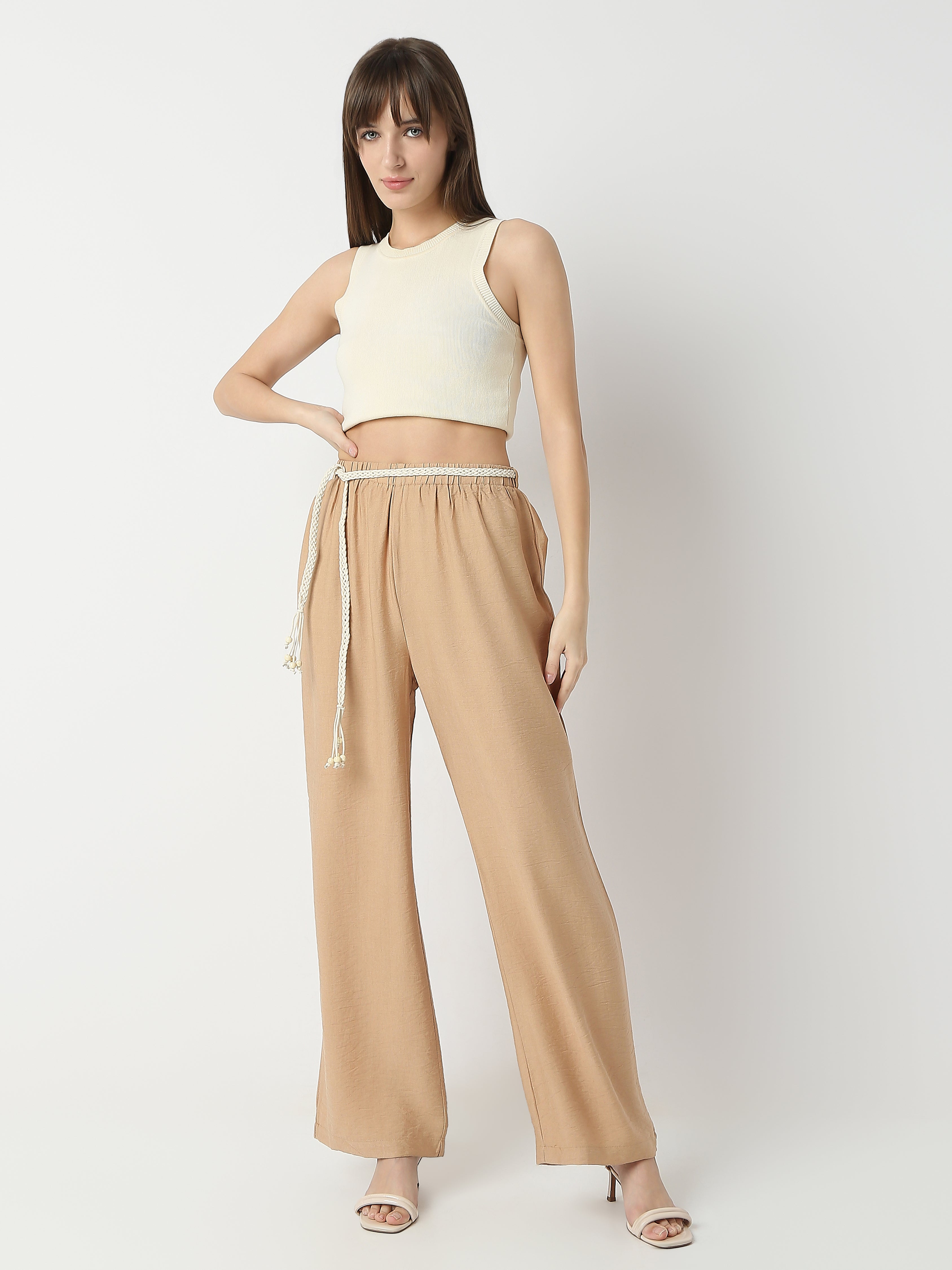 Women's Wide-Leg Pants with Braided Waist Tie