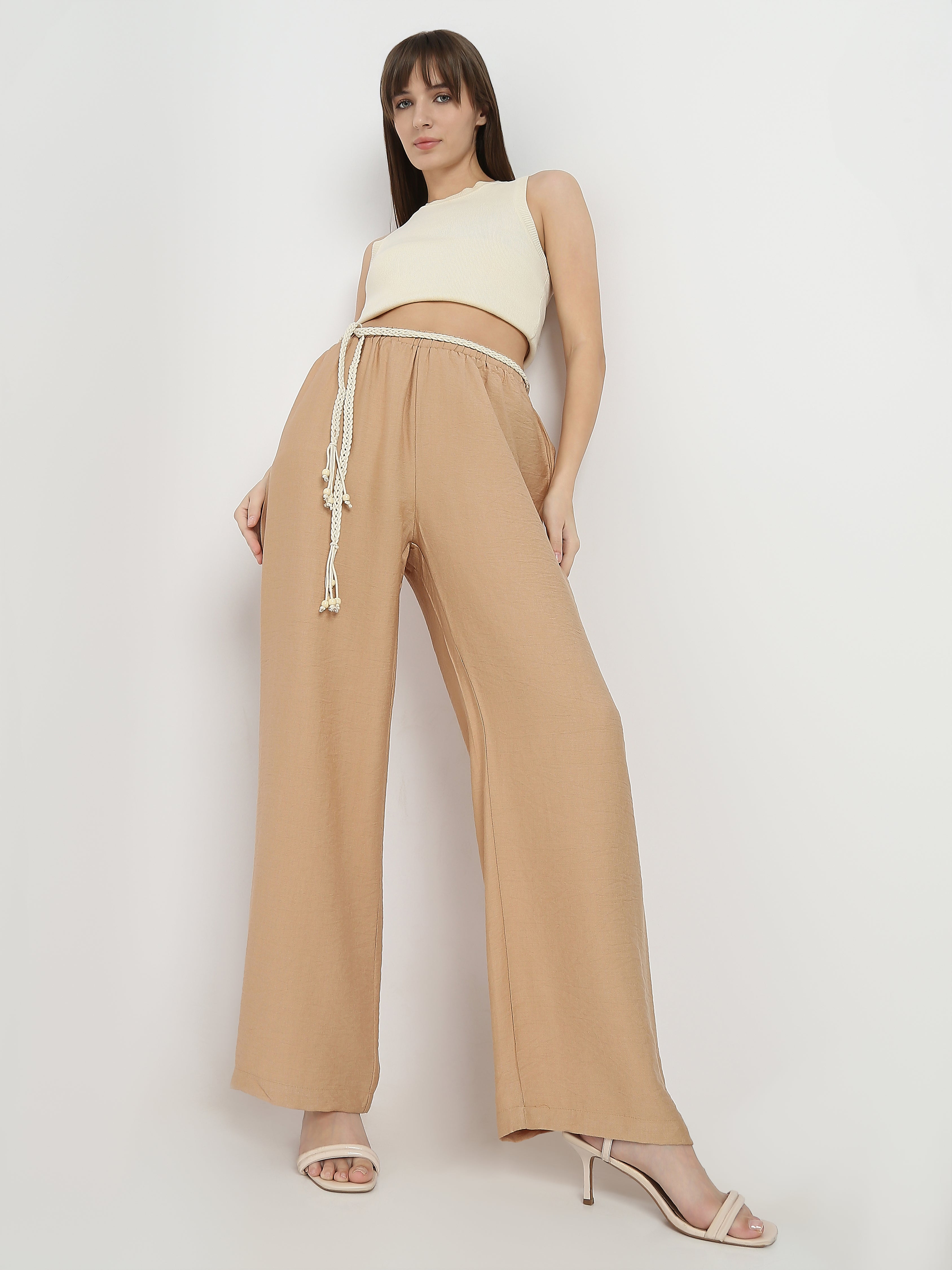 Women's Wide-Leg Pants with Braided Waist Tie