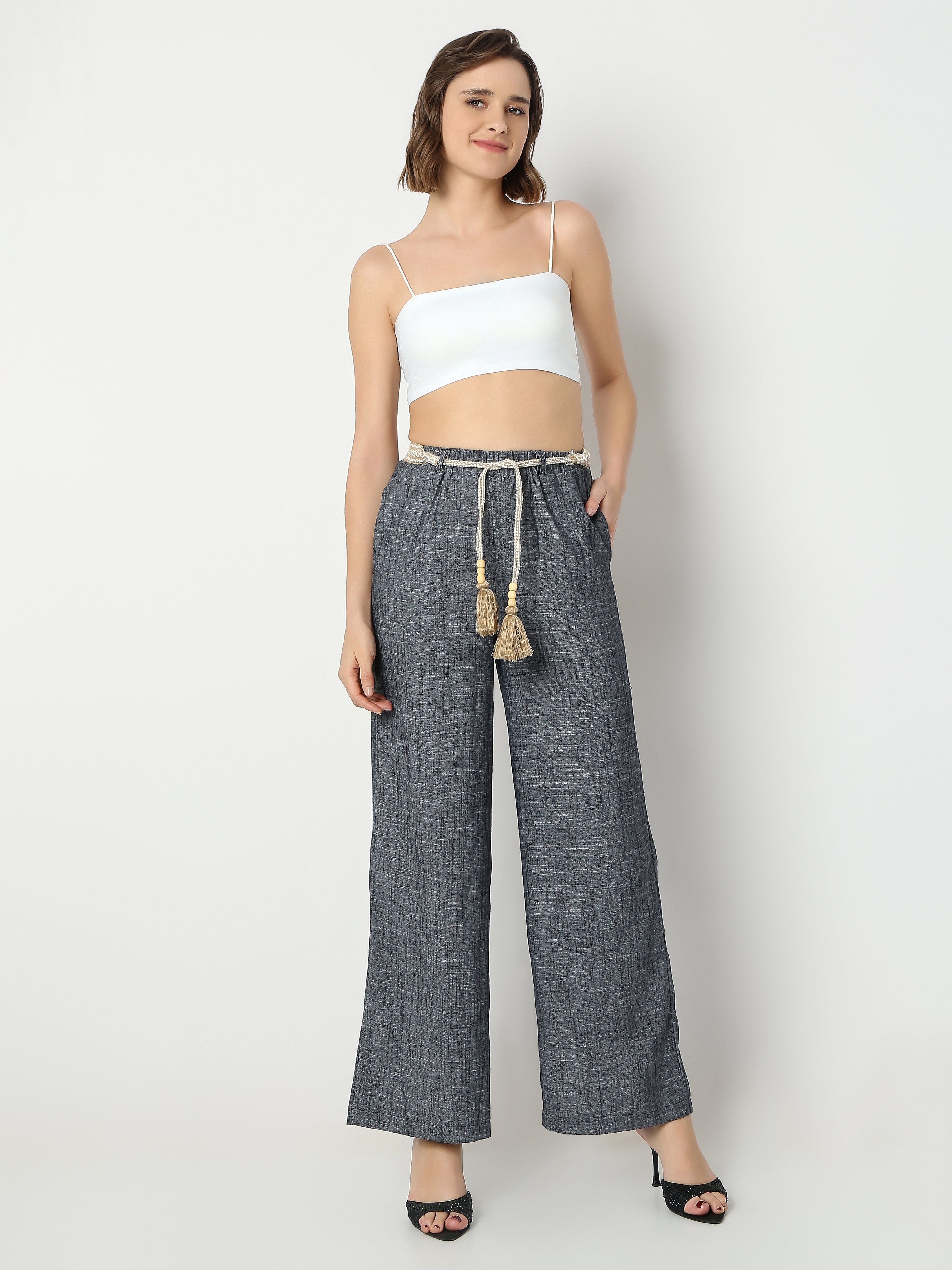 Women's Wide-Leg Pants with Boho Tassel Tie Belt