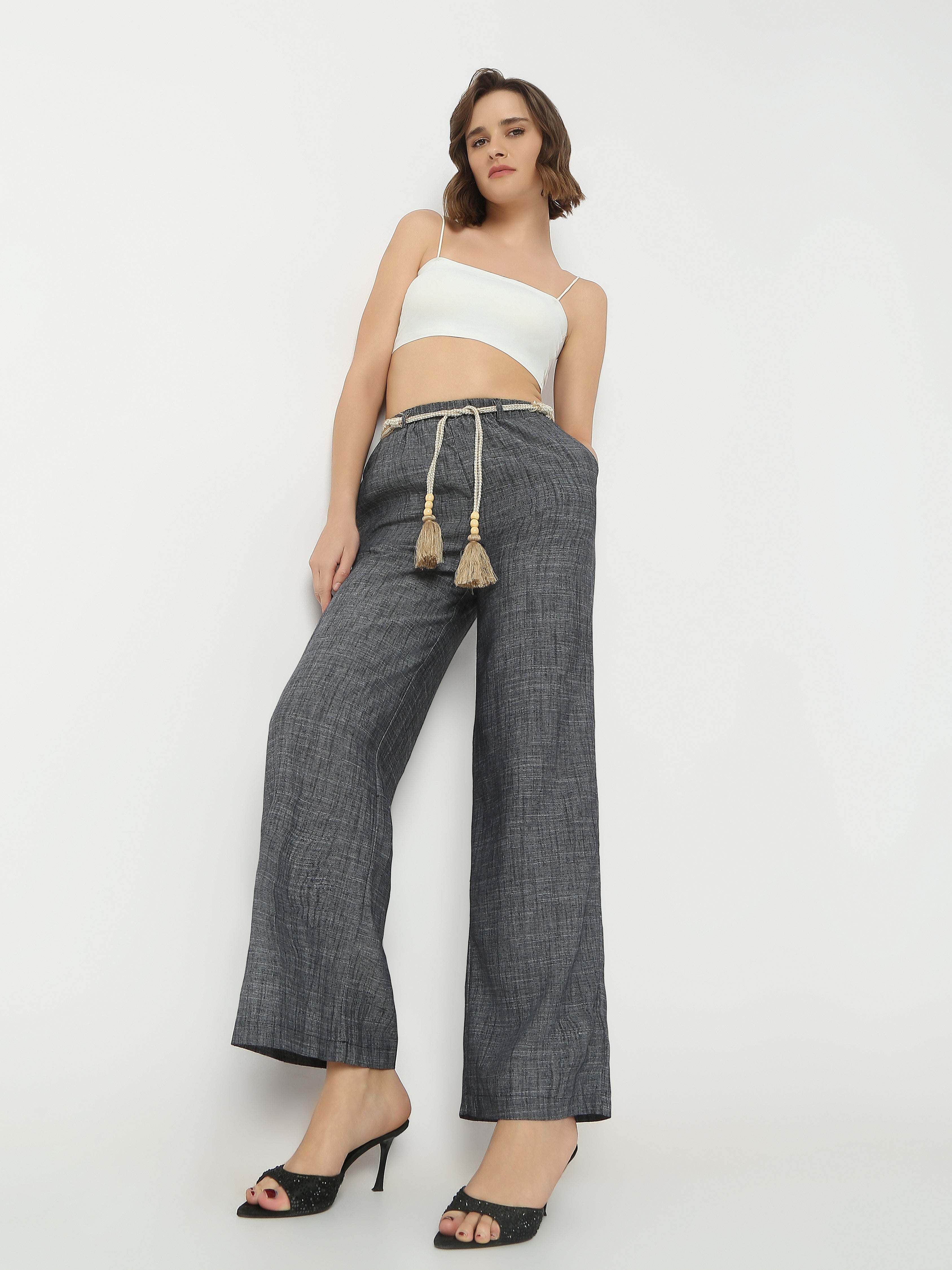 Women's Wide-Leg Pants with Boho Tassel Tie Belt