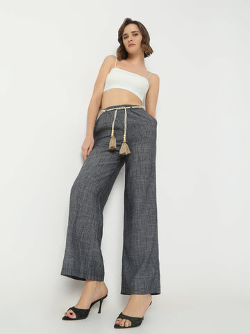 Women's Wide-Leg Pants with Boho Tassel Tie Belt