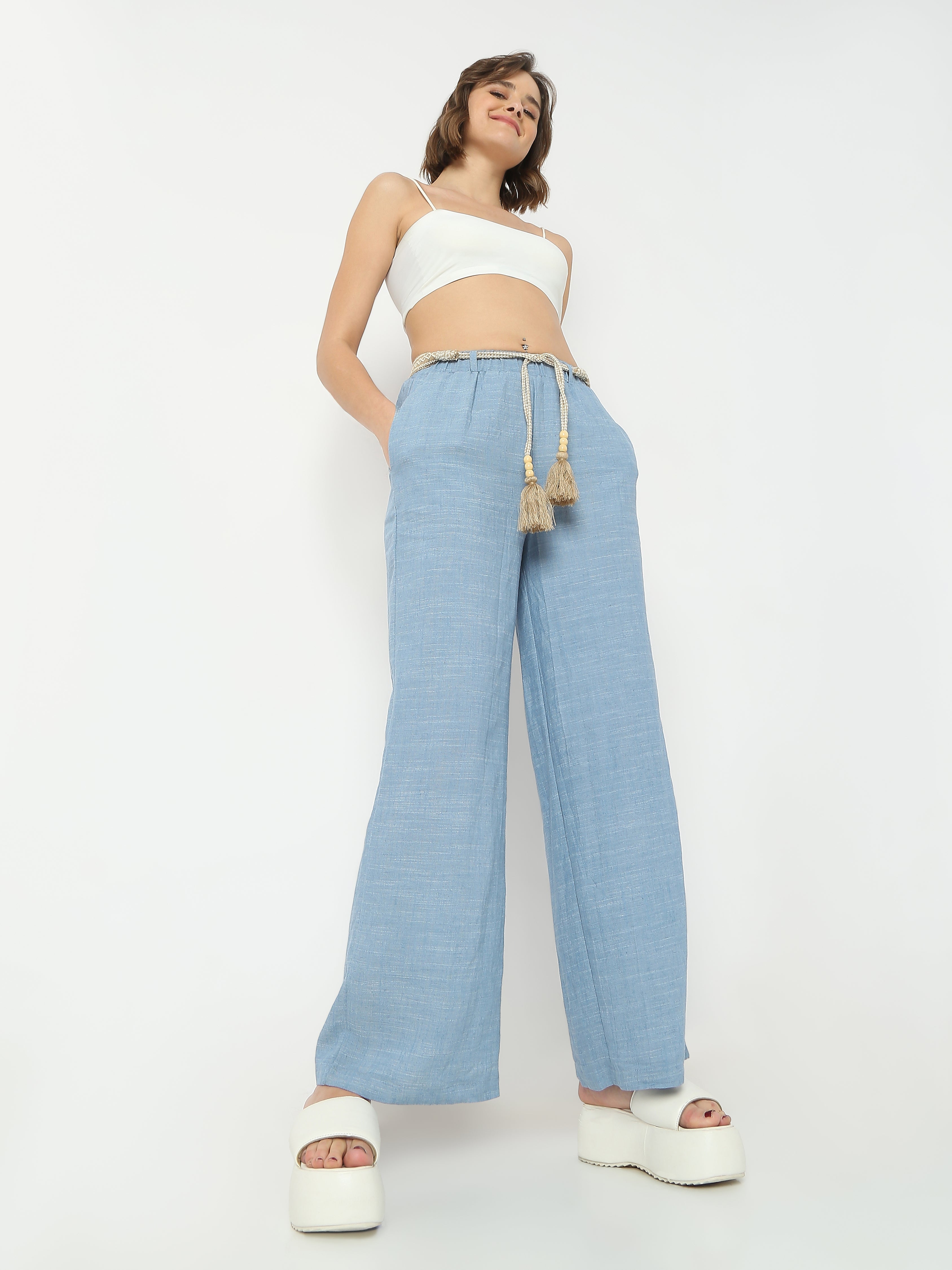 Women's Wide-Leg Pants with Boho Tassel Tie Belt