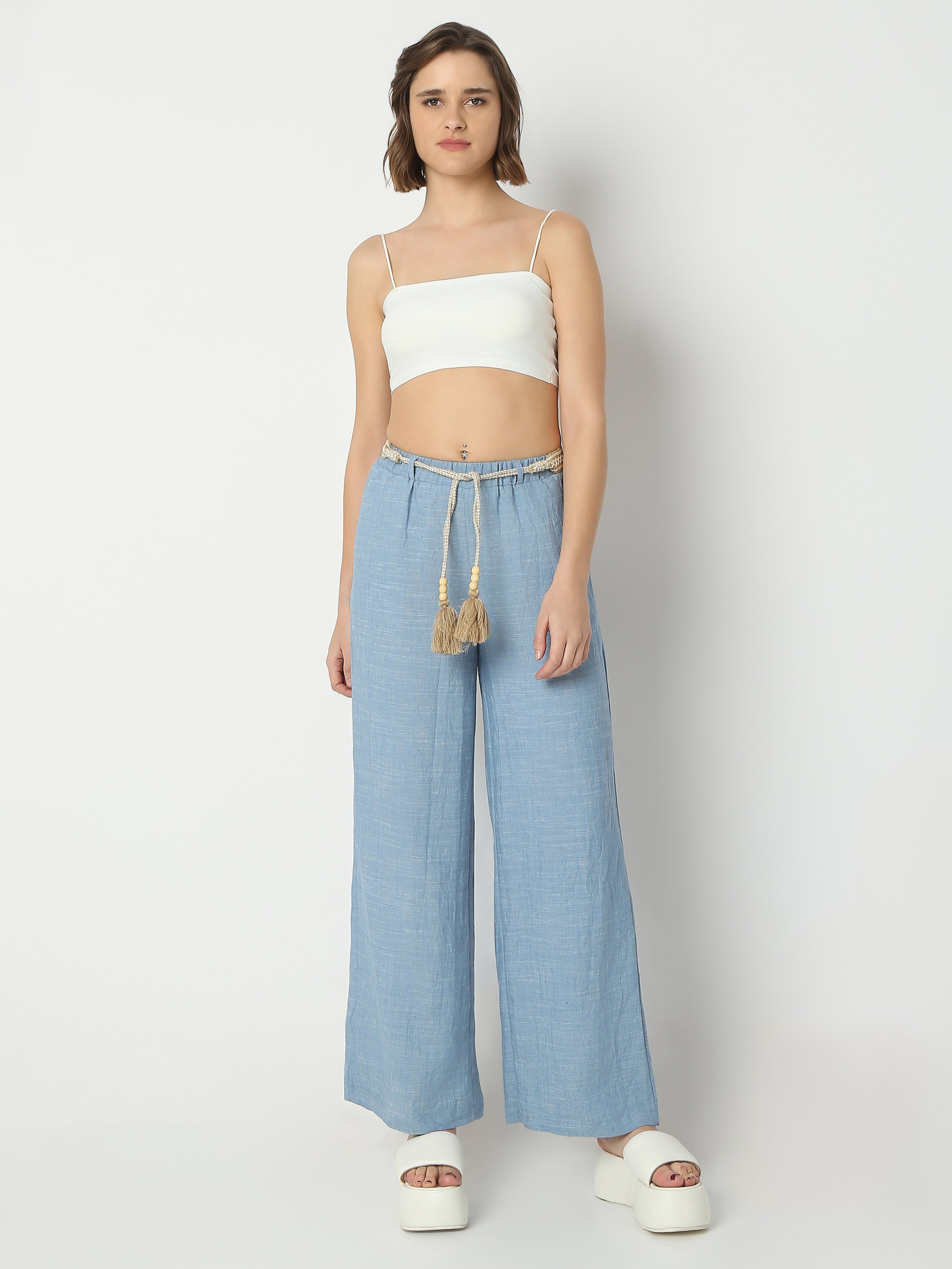Women's Wide-Leg Pants with Boho Tassel Tie Belt