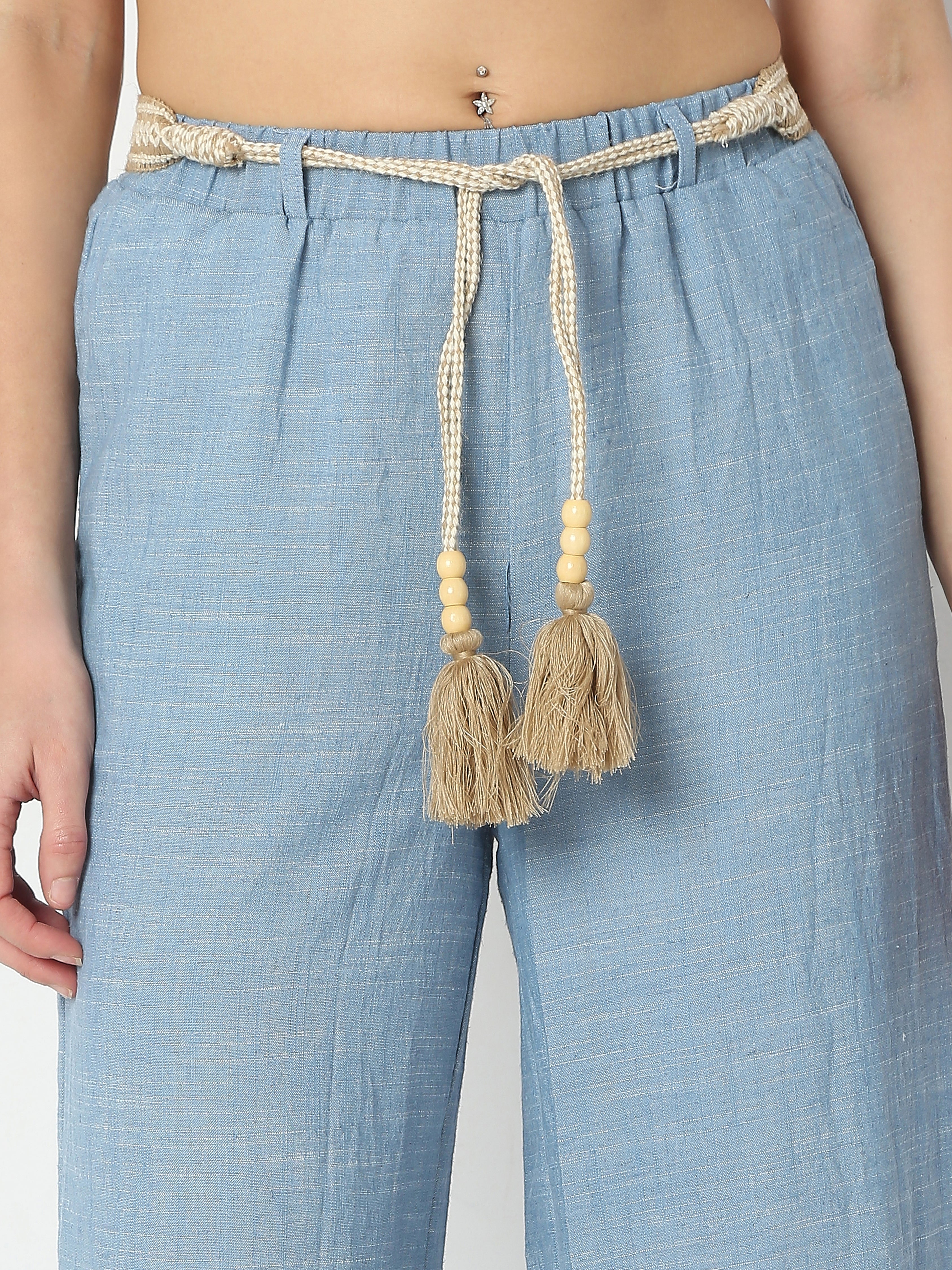 Women's Wide-Leg Pants with Boho Tassel Tie Belt