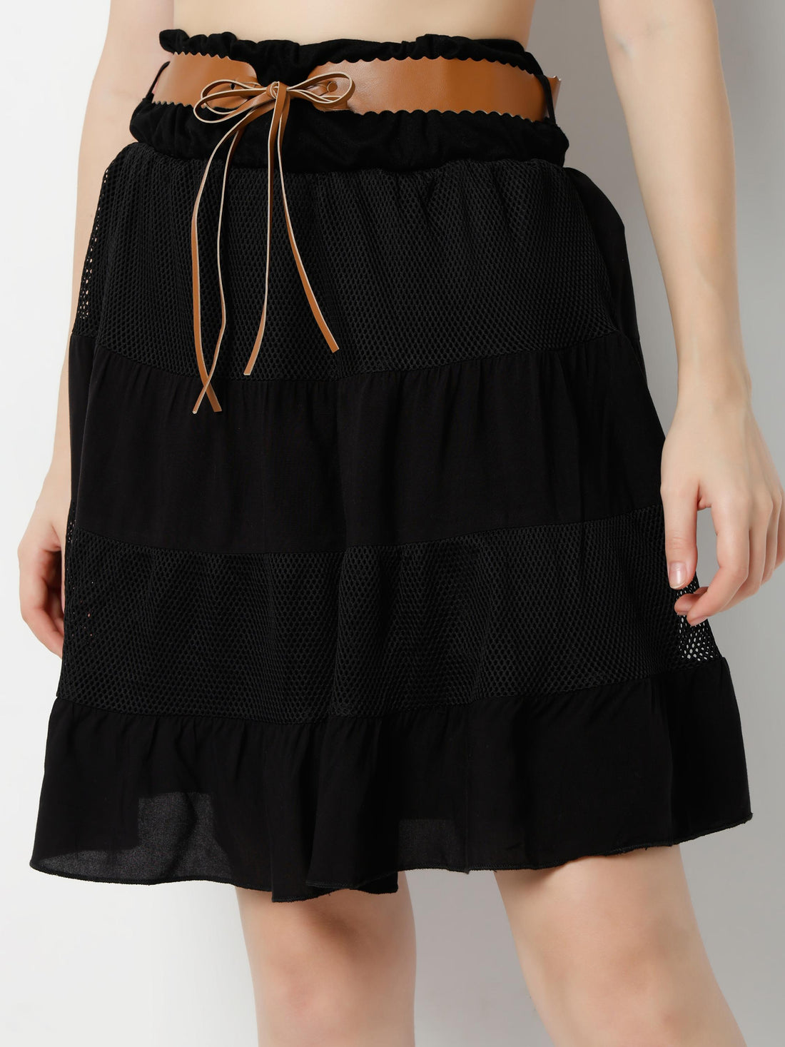 Elasticated Waist Tiered Mesh & Jersey Panel Mini Skirt