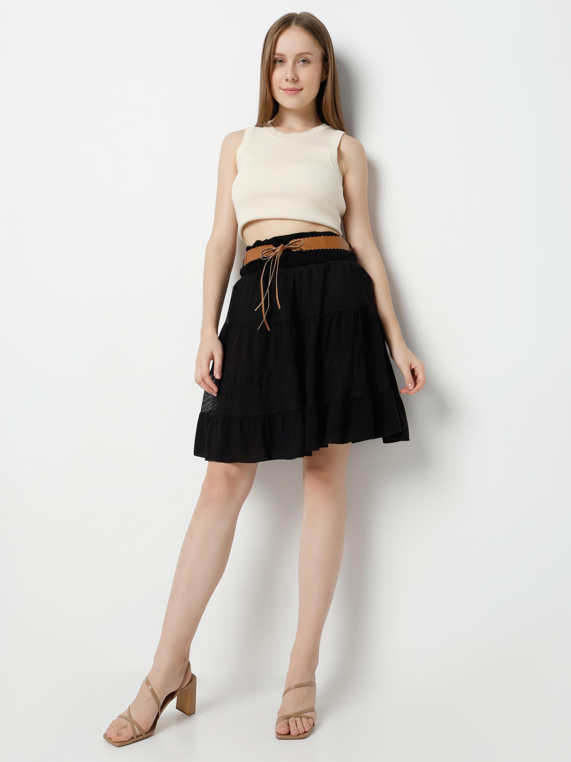 Elasticated Waist Tiered Mesh & Jersey Panel Mini Skirt