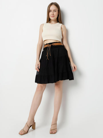 Elasticated Waist Tiered Mesh & Jersey Panel Mini Skirt