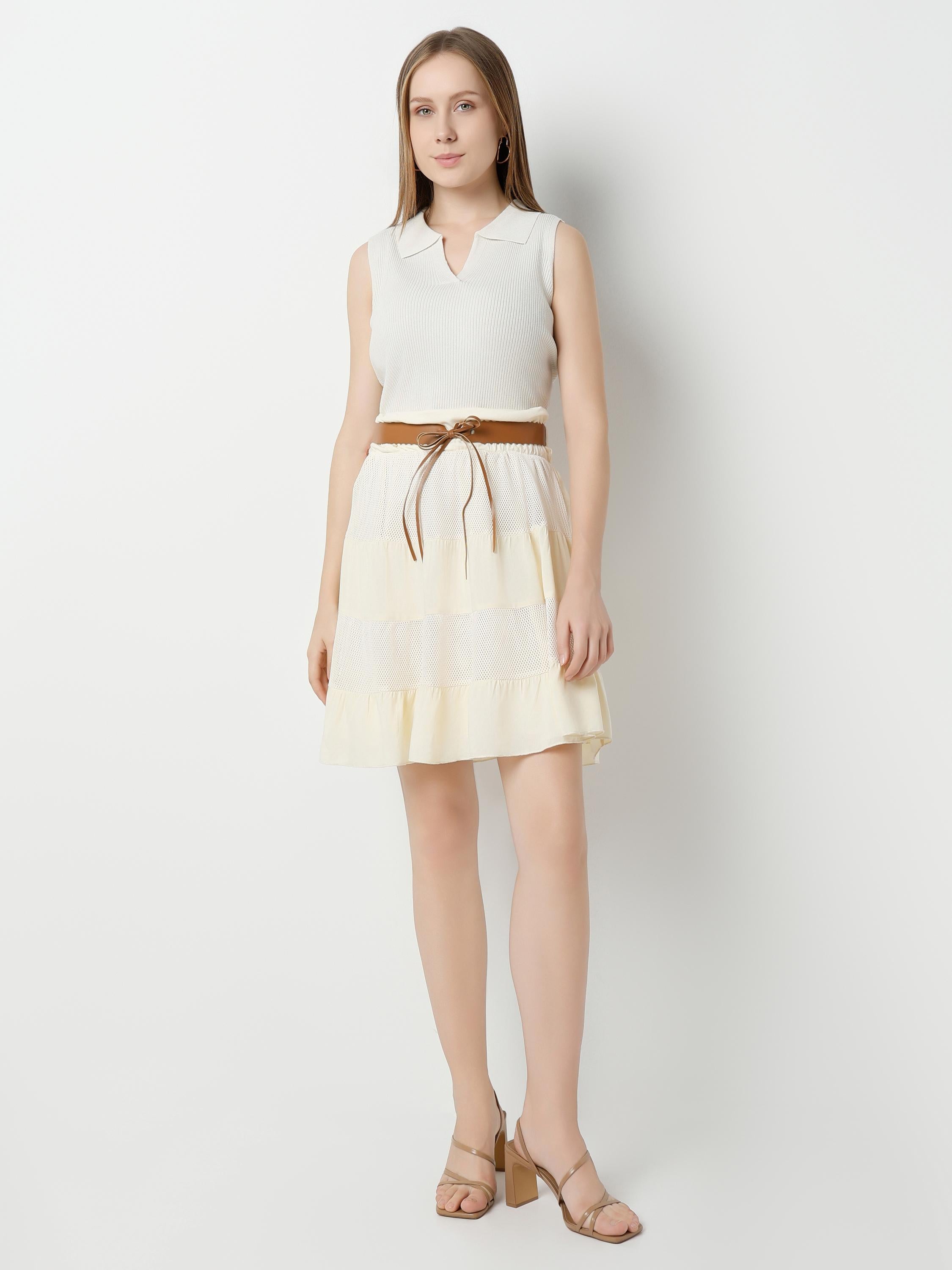 Elasticated Waist Tiered Mesh & Jersey Panel Mini Skirt