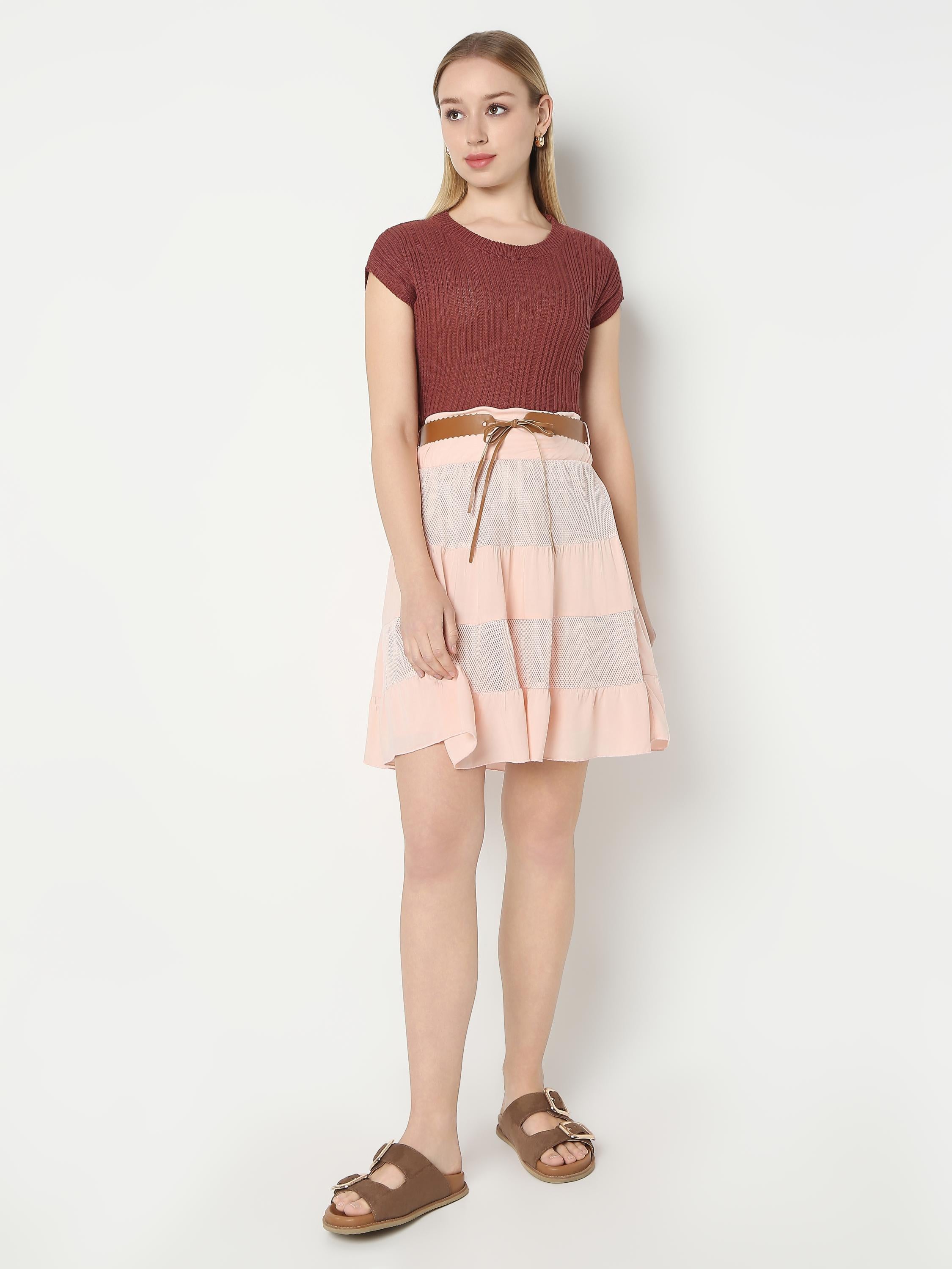 Elasticated Waist Tiered Mesh & Jersey Panel Mini Skirt