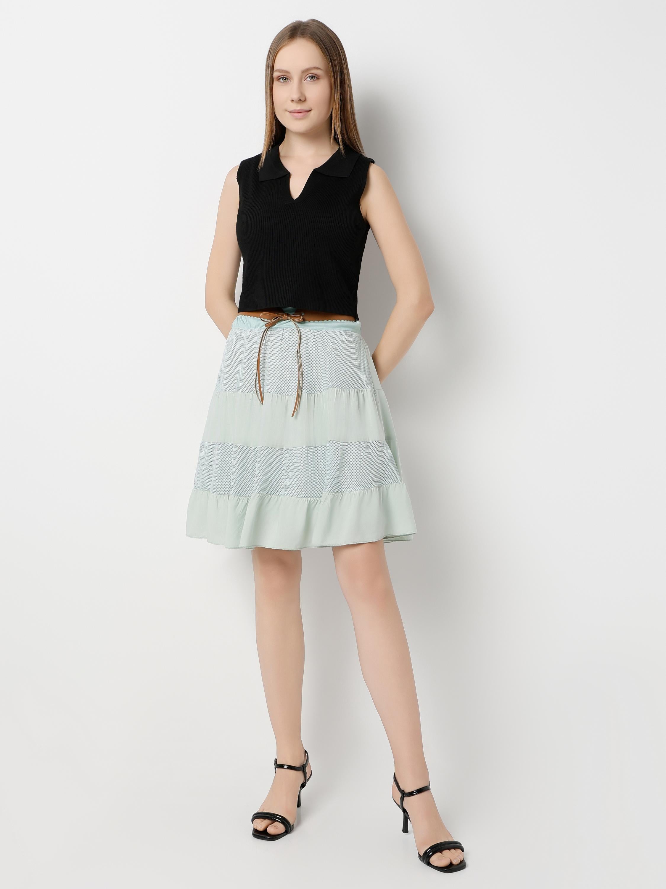 Elasticated Waist Tiered Mesh & Jersey Panel Mini Skirt