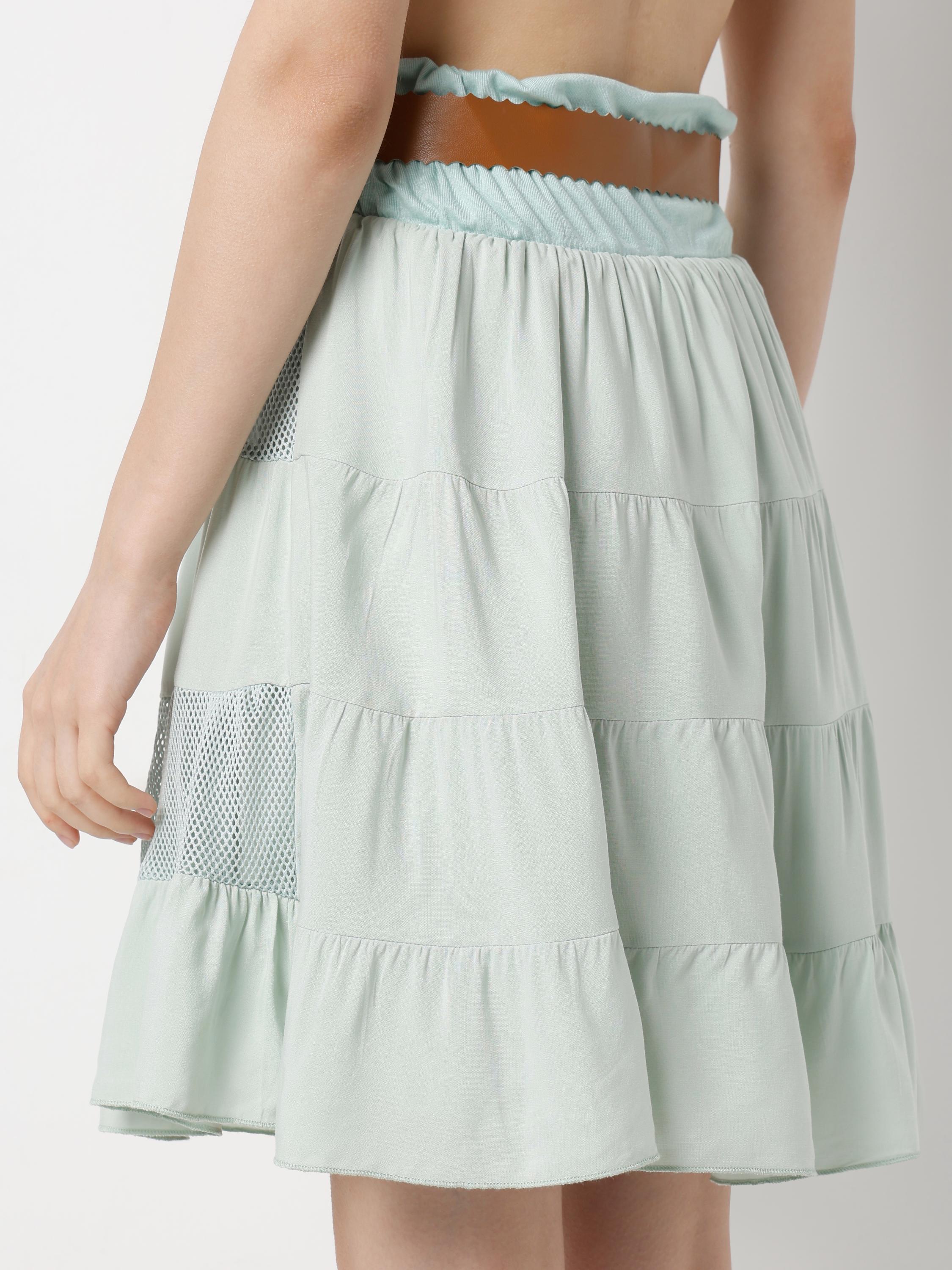 Elasticated Waist Tiered Mesh & Jersey Panel Mini Skirt