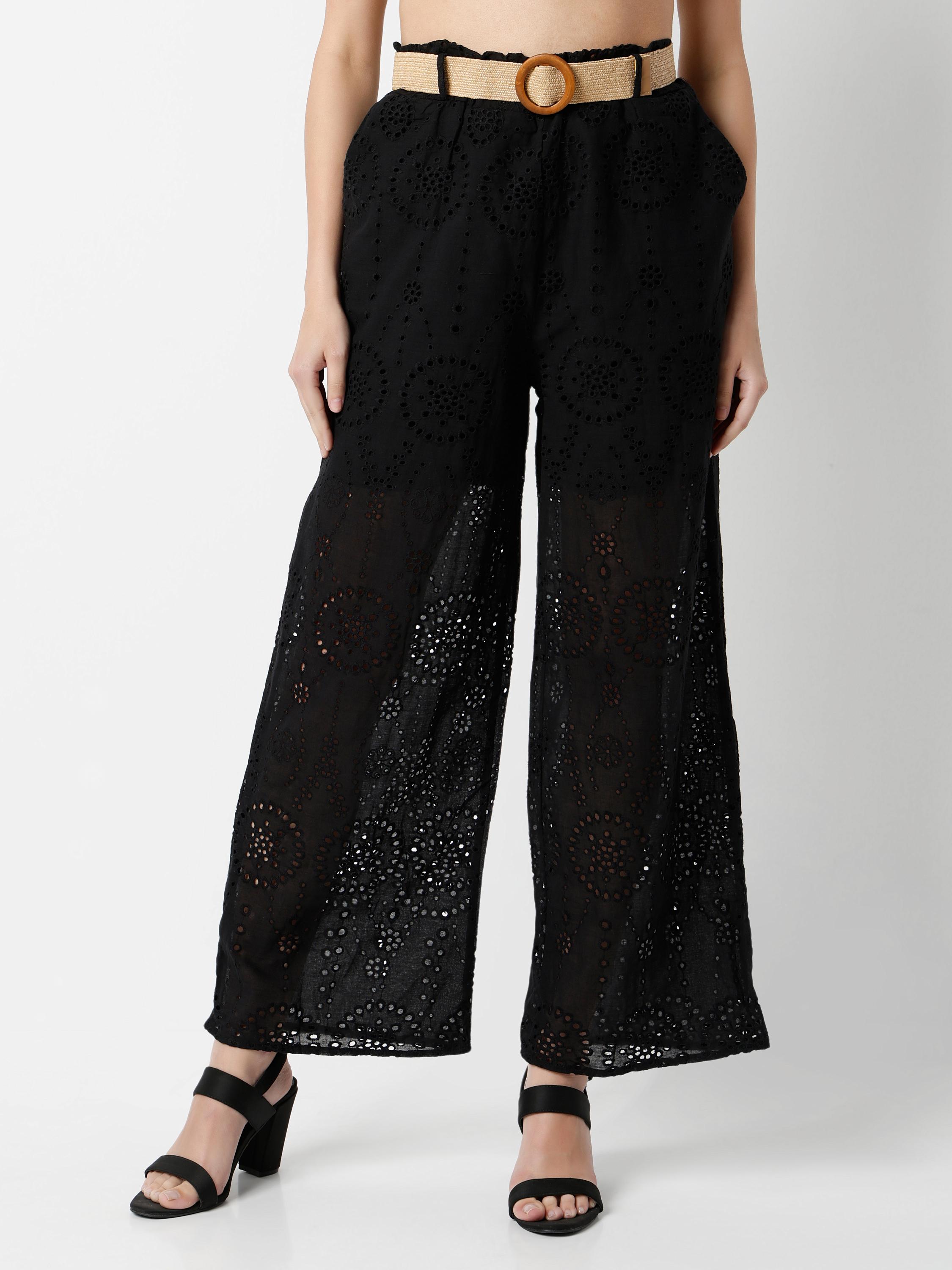 Wide-Leg Eyelet Cutwork Palazzo Trousers