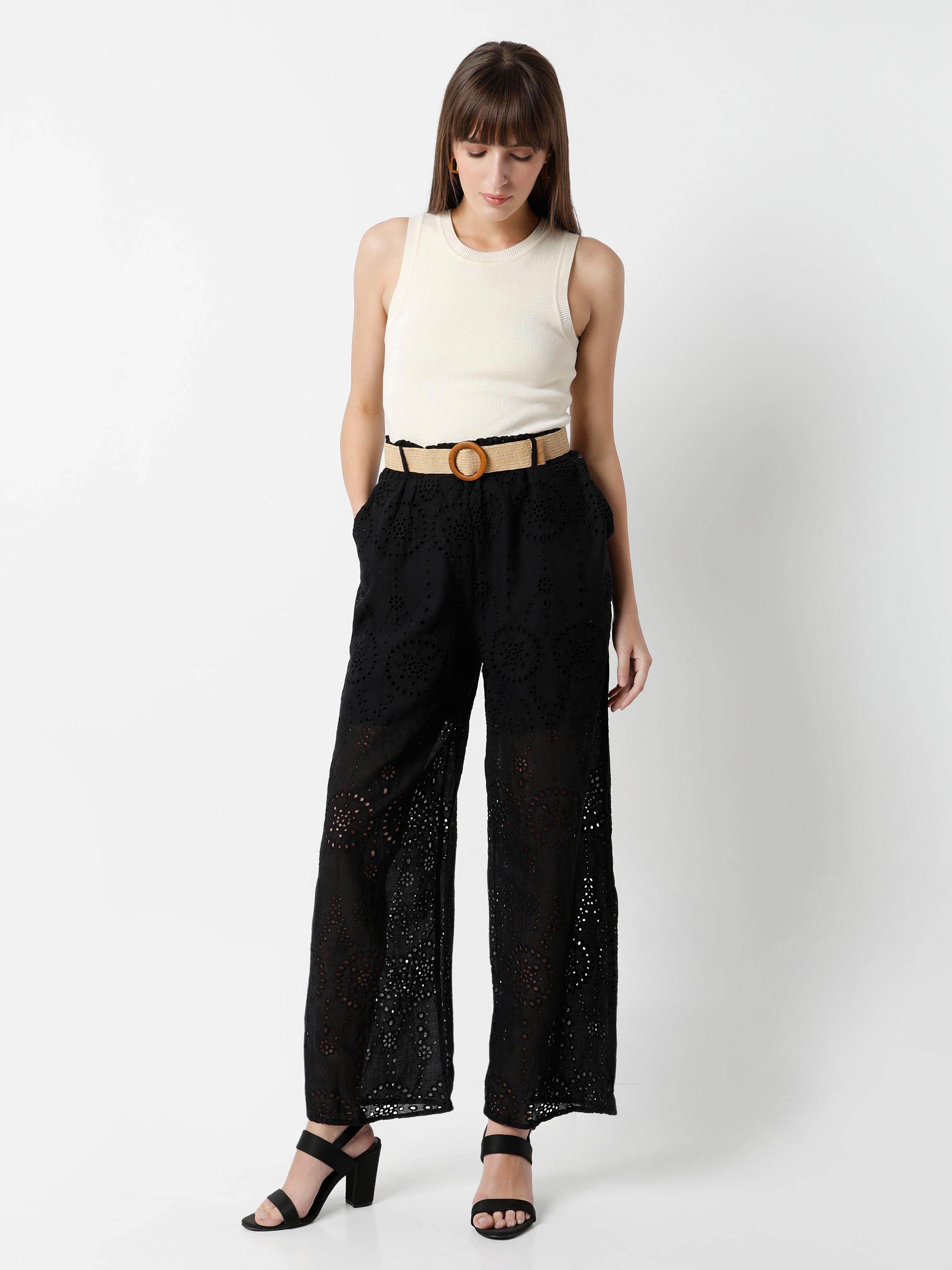 Wide-Leg Eyelet Cutwork Palazzo Trousers
