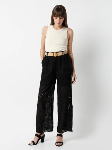 Wide-Leg Eyelet Cutwork Palazzo Trousers
