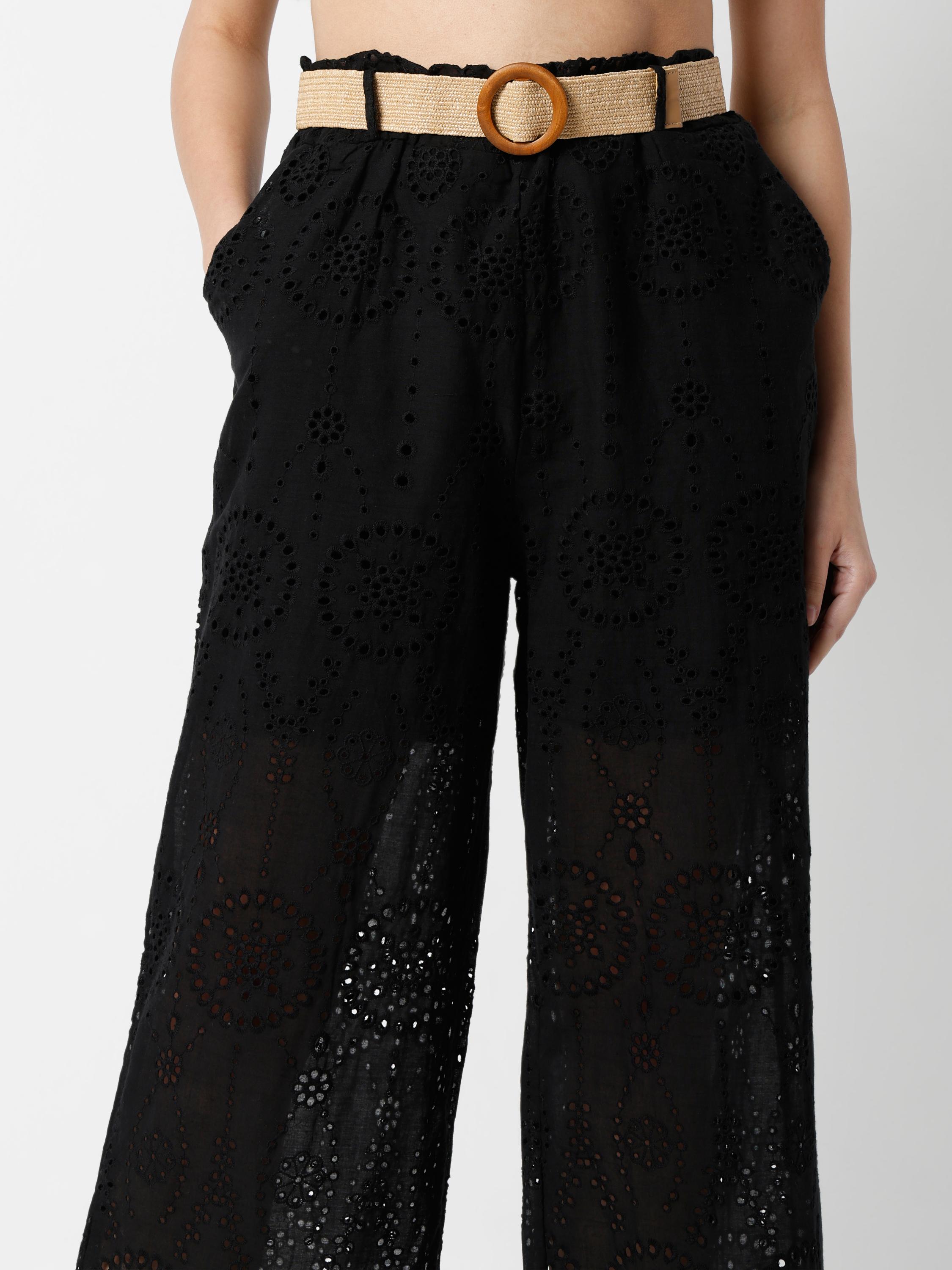 Wide-Leg Eyelet Cutwork Palazzo Trousers