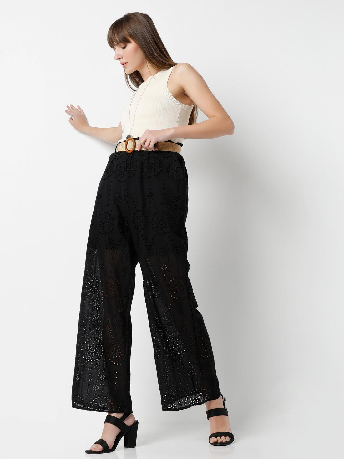 Wide-Leg Eyelet Cutwork Palazzo Trousers