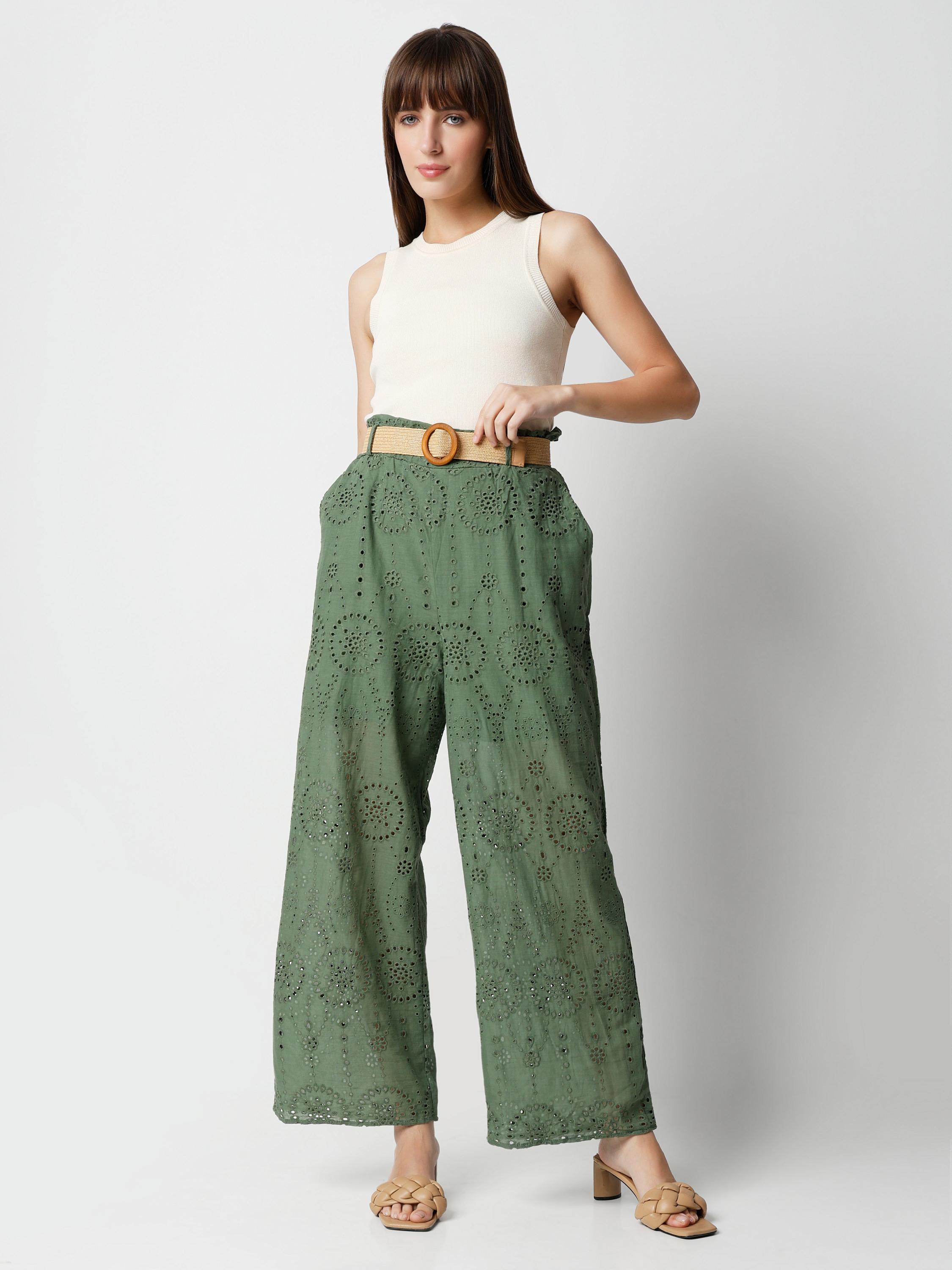 Wide-Leg Eyelet Cutwork Palazzo Trousers