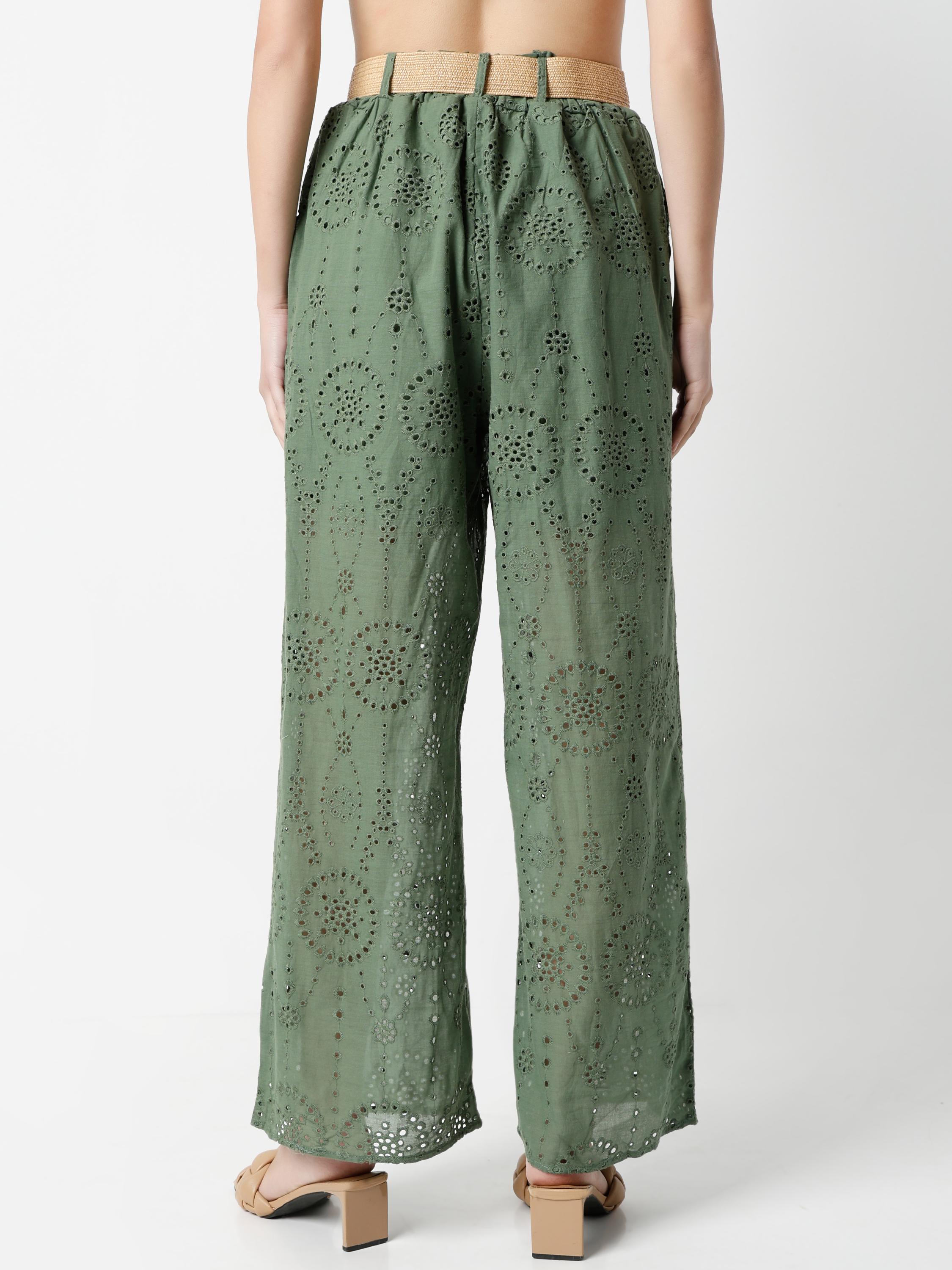 Wide-Leg Eyelet Cutwork Palazzo Trousers