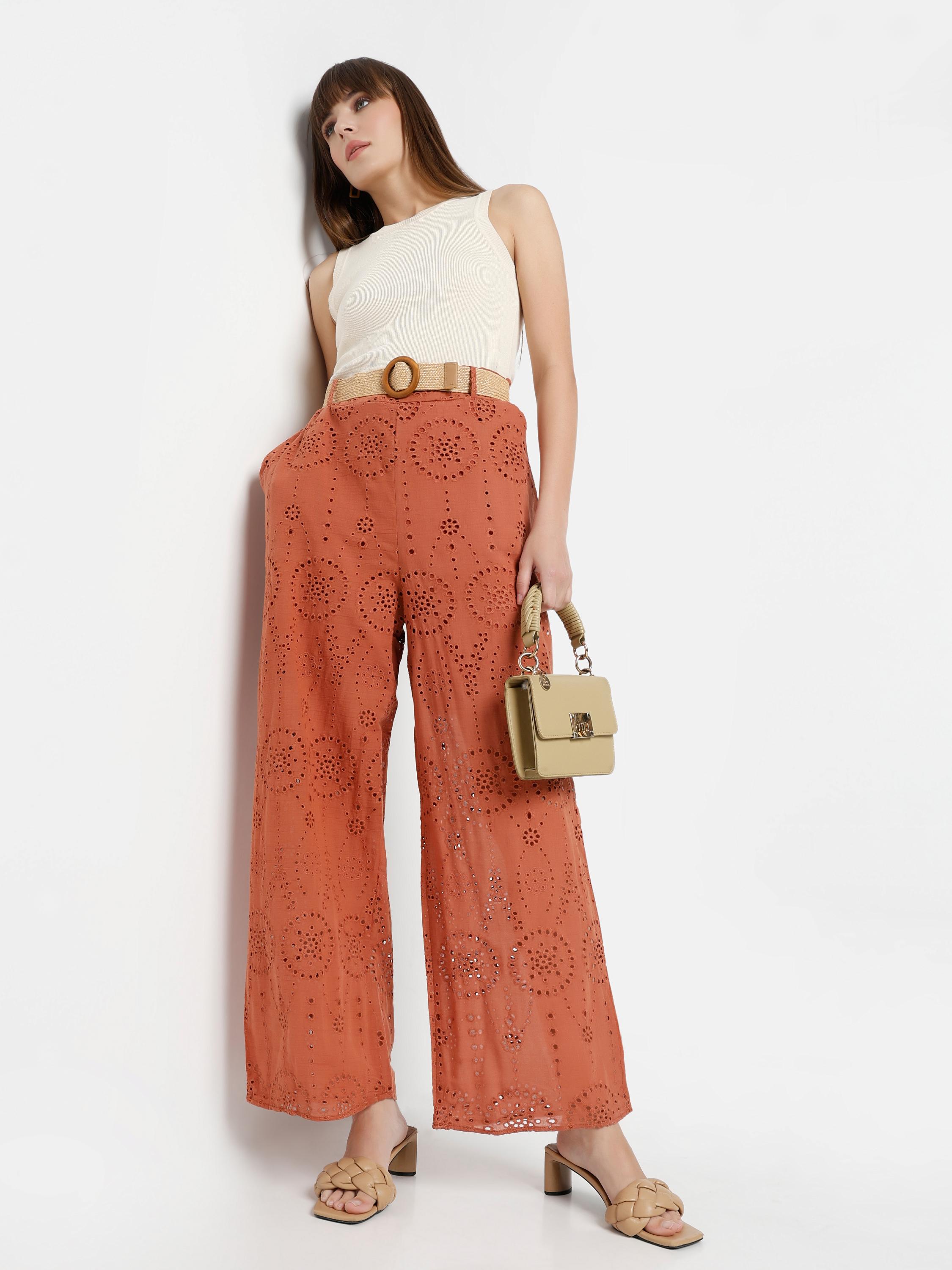 Wide-Leg Eyelet Cutwork Palazzo Trousers