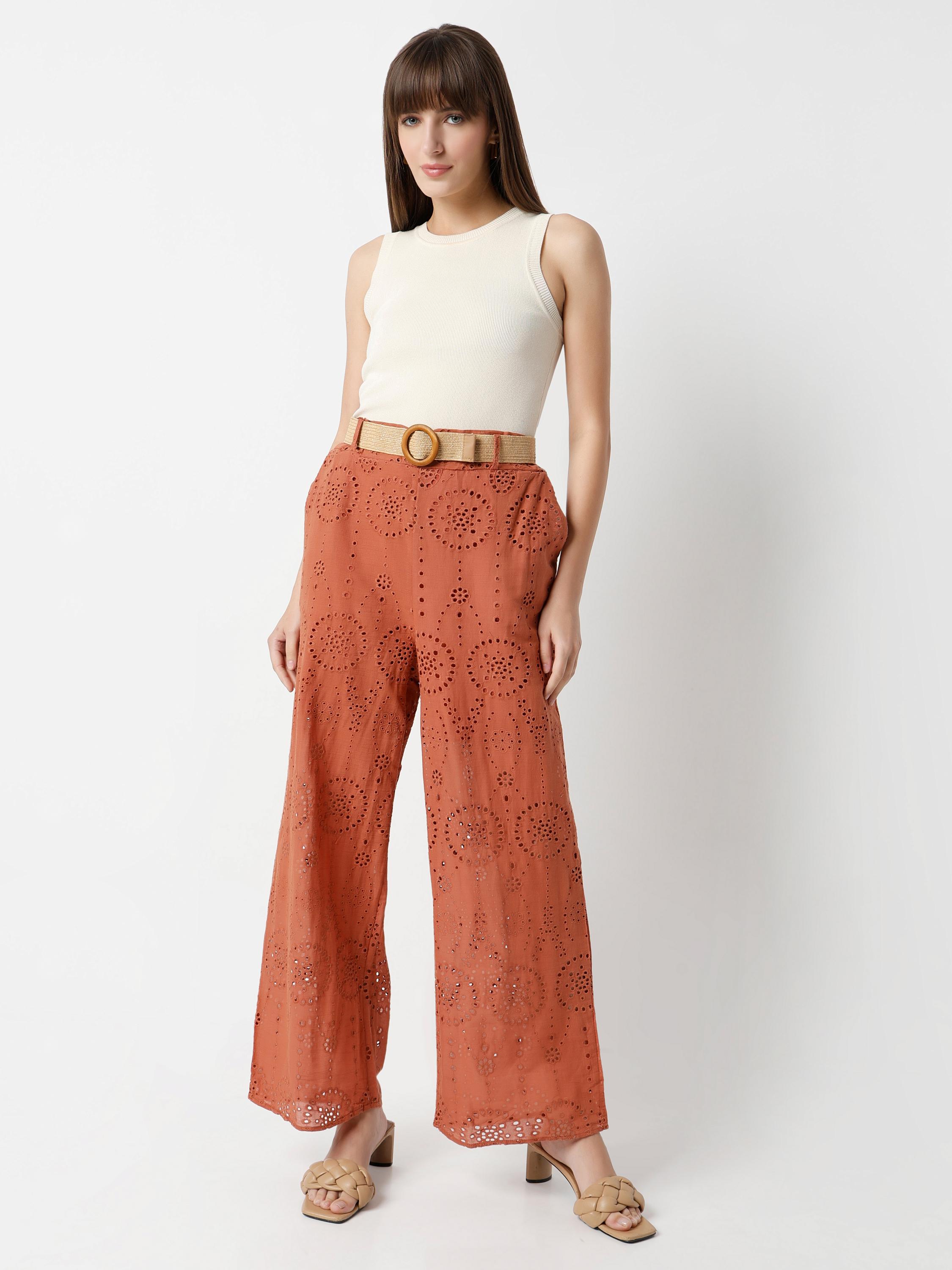 Wide-Leg Eyelet Cutwork Palazzo Trousers