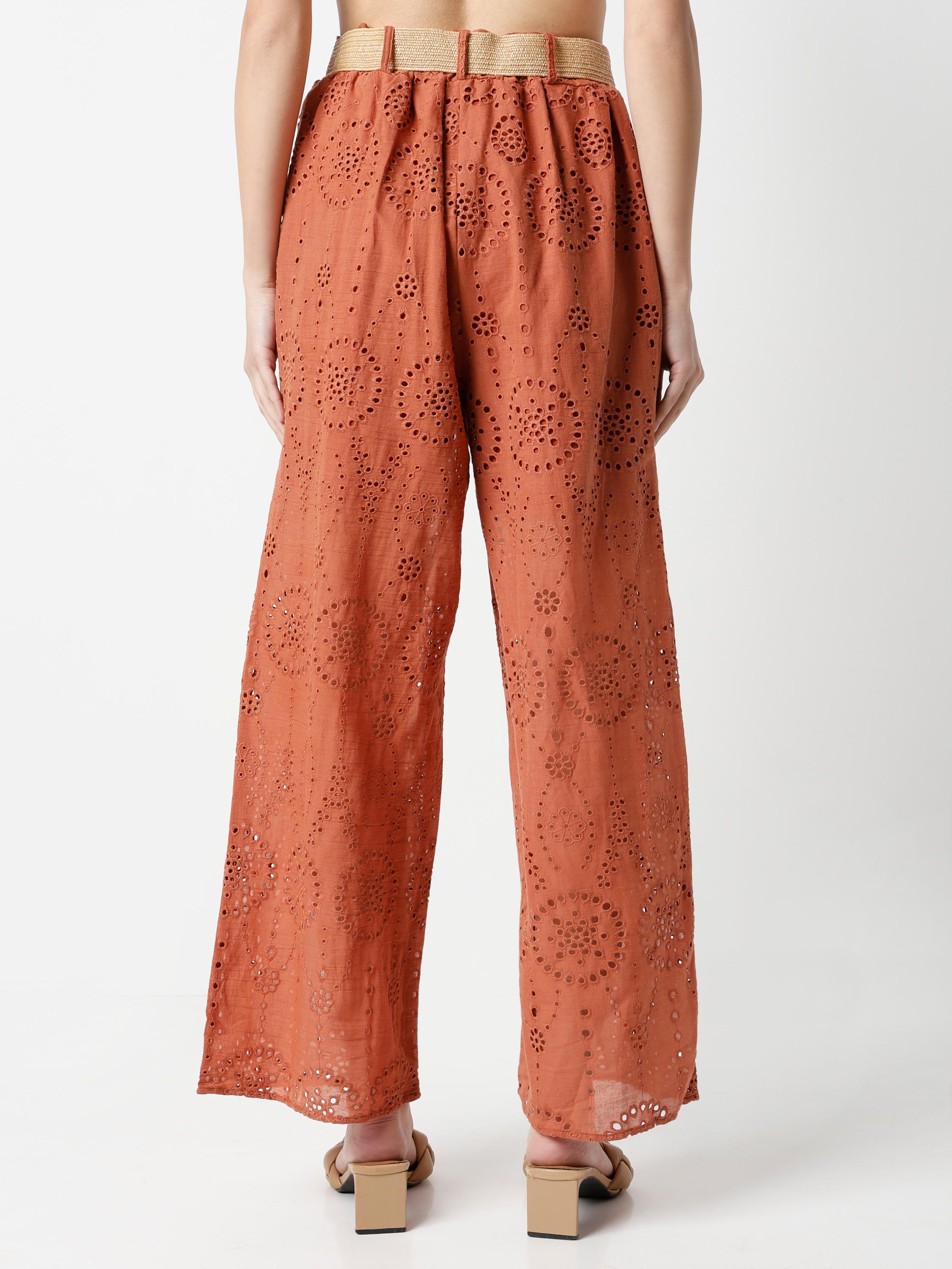 Wide-Leg Eyelet Cutwork Palazzo Trousers