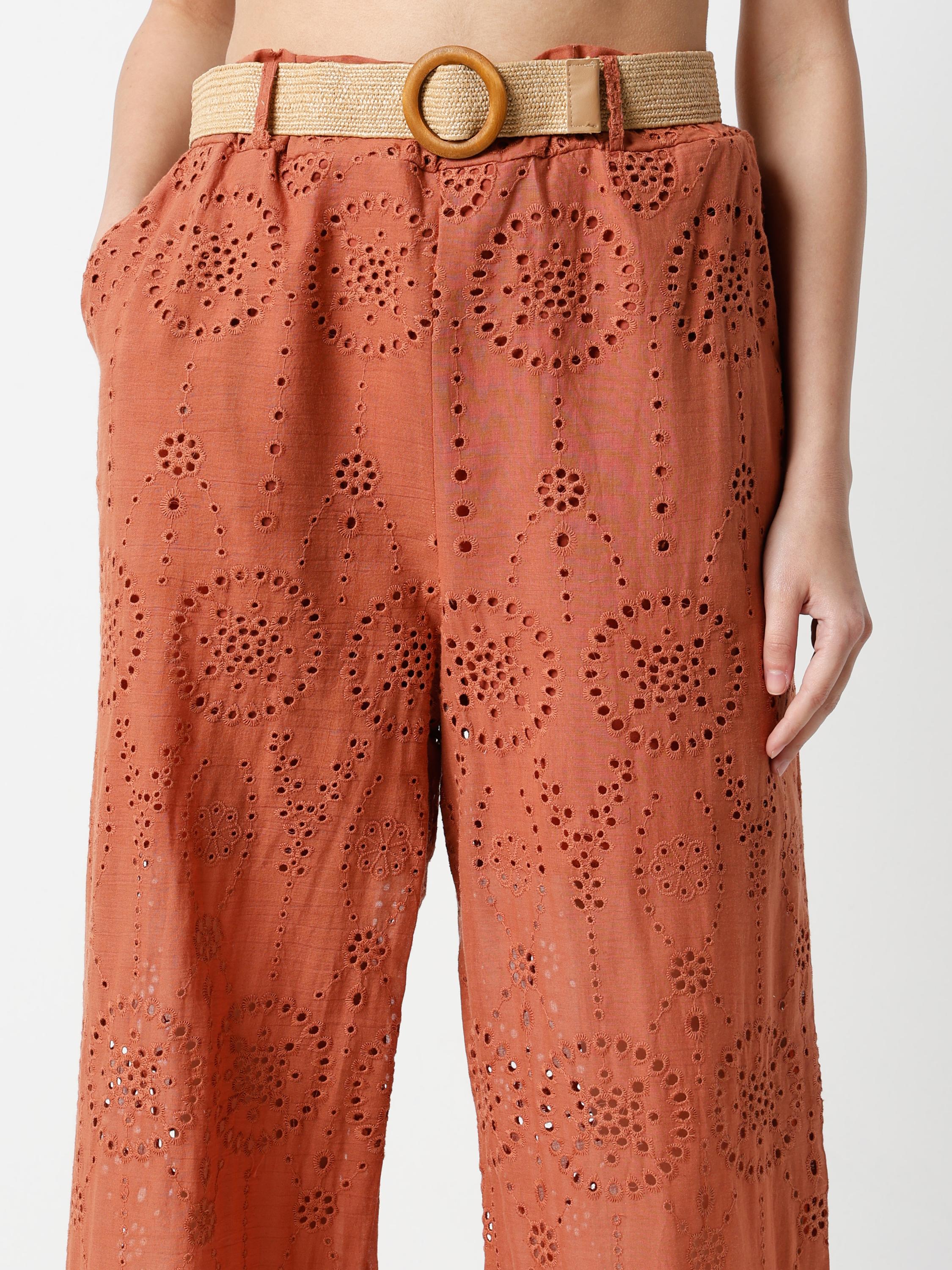 Wide-Leg Eyelet Cutwork Palazzo Trousers